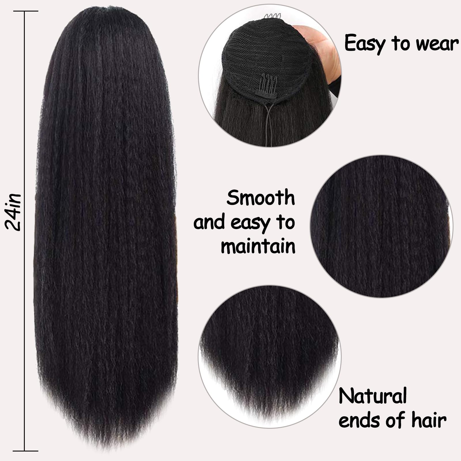 BMYUK Drawstring Ponytail for Black Women Hair Clip in Extensions Ponytail Remy Hair Extensions Natural Black Color Staight Up Down Ponytails Synthetic 24 inch - Image 2