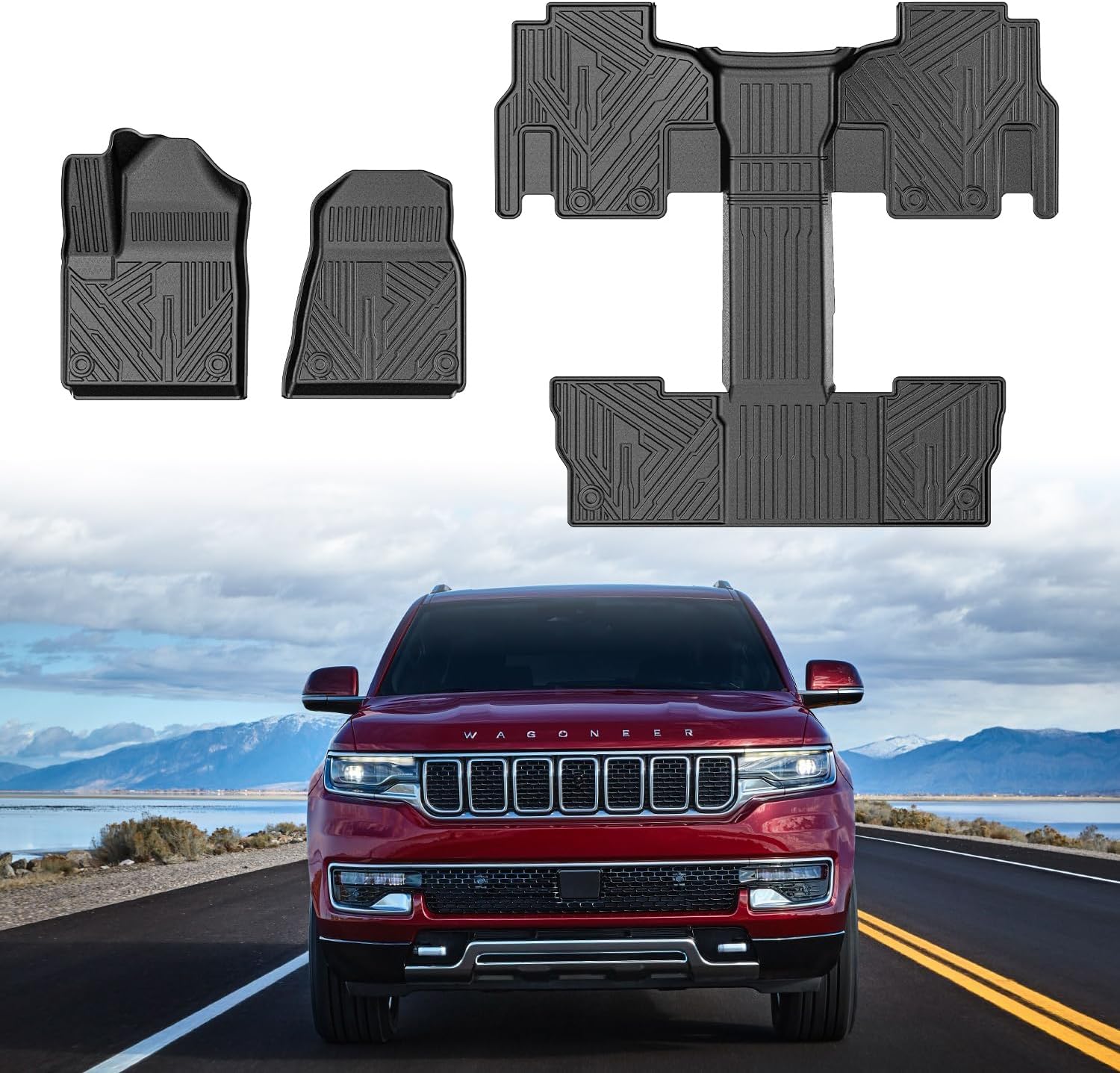 Mixsuper Floor Mats for Jeep Wagoneer/Grand Wagoneer 2022-2025, Trim Fit for 7/8 Passenger, All Weather Floor Liners Durable 3 Row Set Black