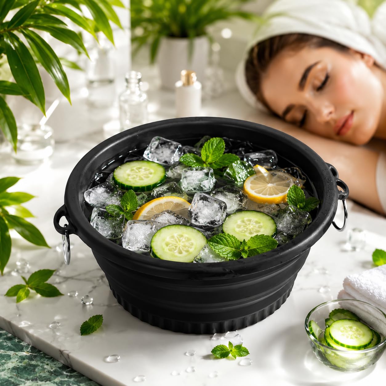 Ice Face Bowl for Facial Ice Bath, Foldable Silicone Face Dipping Bowl with Built-in Ice Tray, Reusable Cold Therapy Skincare Tool for Puffiness, Pore Care & Glowing Skin, Black-picture-36