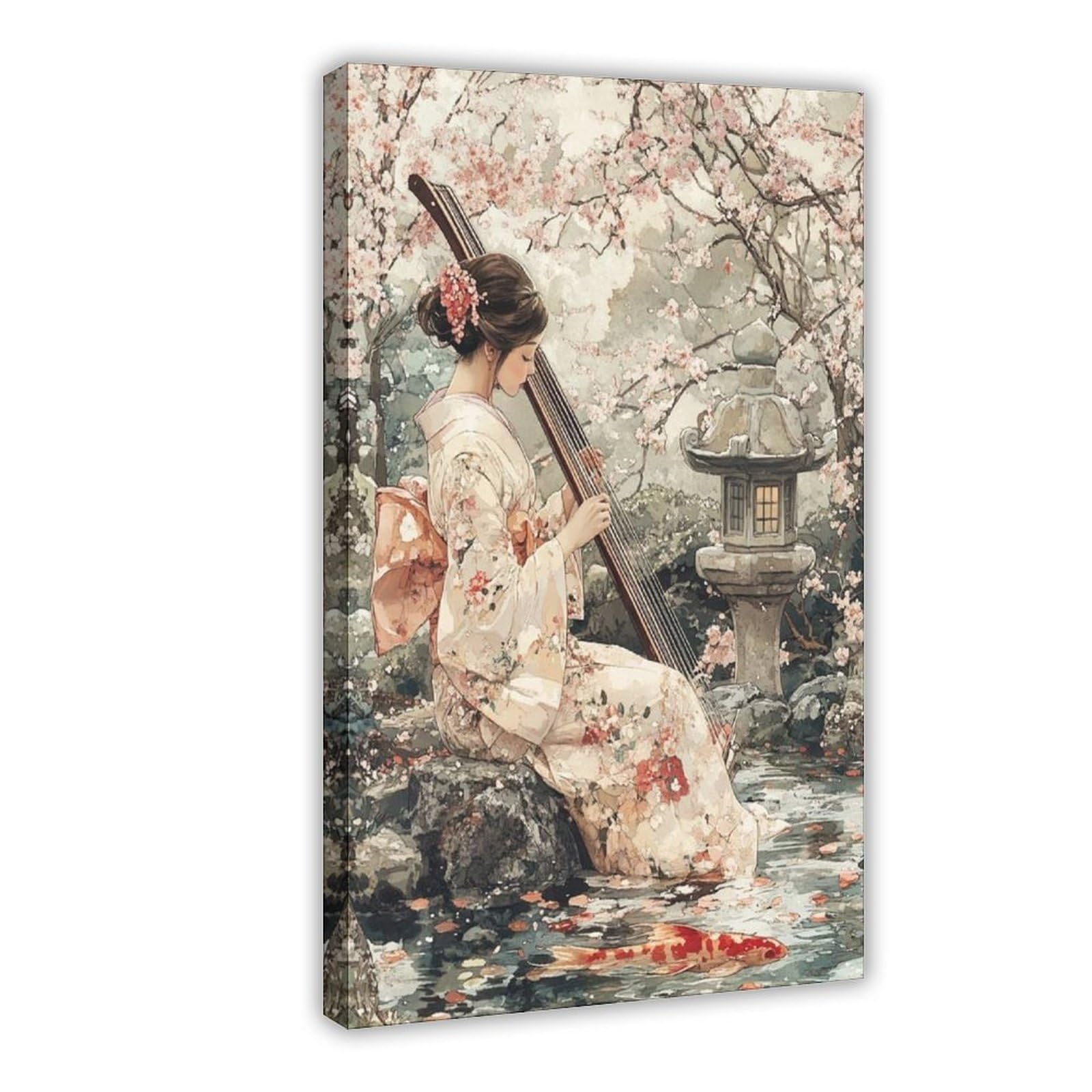Lxwnze Frame-Style Japanese Cherry Blossom Garden Scene Canvas Poster For Dorm Room Decor Gift