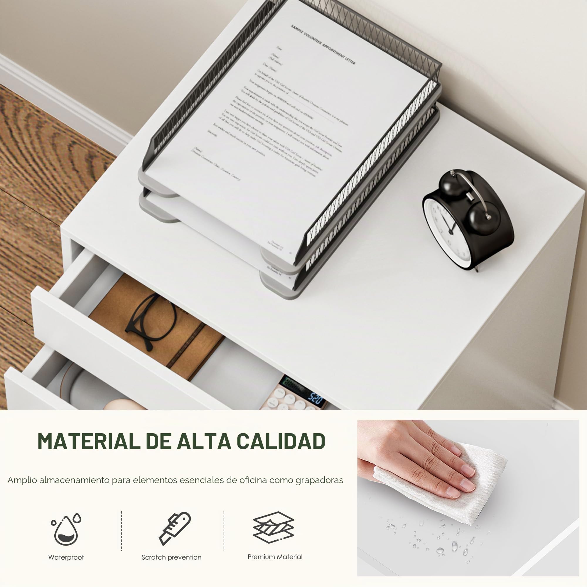 SDHYL Archivador vertical de 5 cajones con asas, carrito con ruedas, cajón con cajones, almacenamiento debajo del escritorio para oficina en casa, 5 cajones, blanco