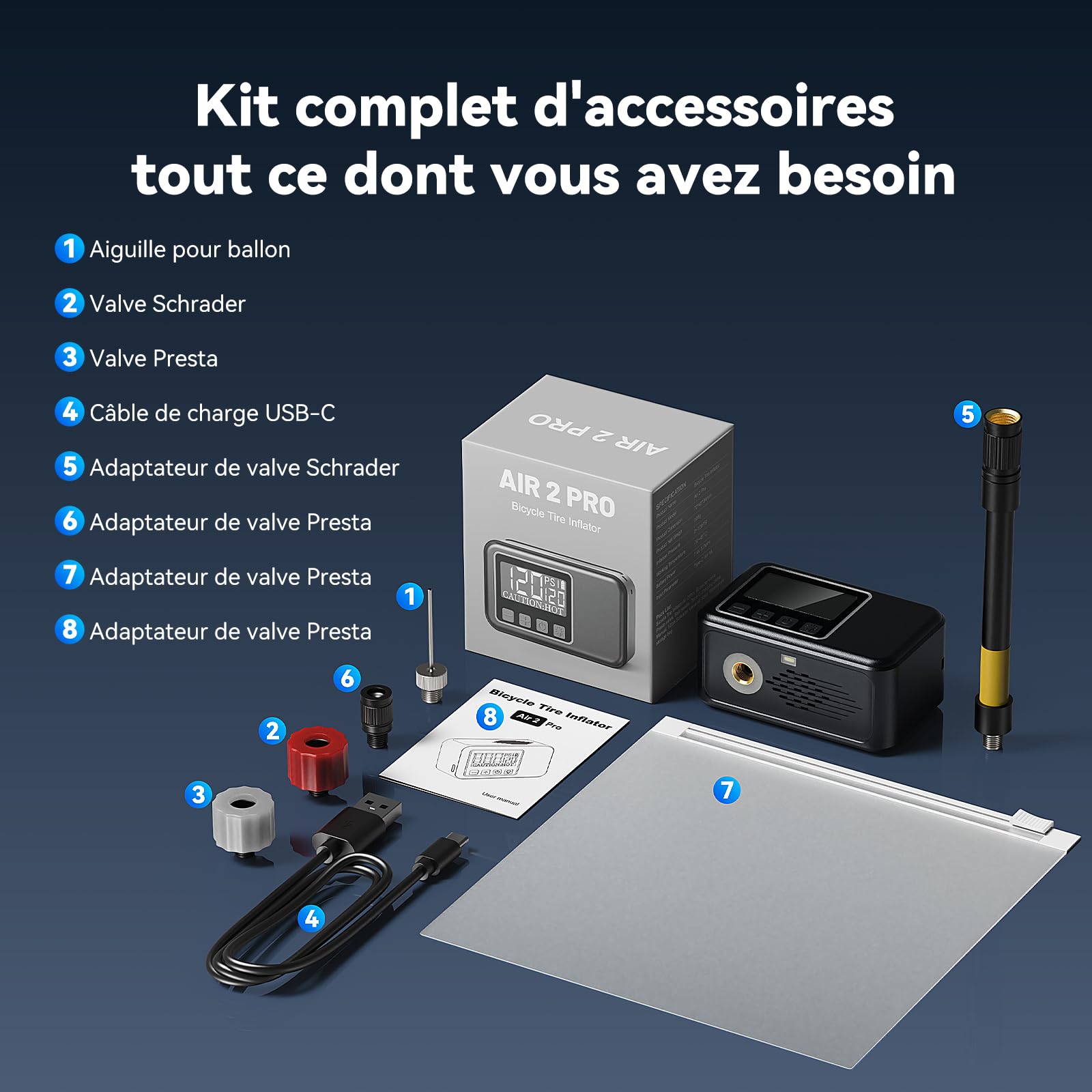 Pompe à Vélo Électrique avec Manomètre 120 Psi, Arrêt Automatique, Valves Presta et Schrader pour VTT et Vélos de Course