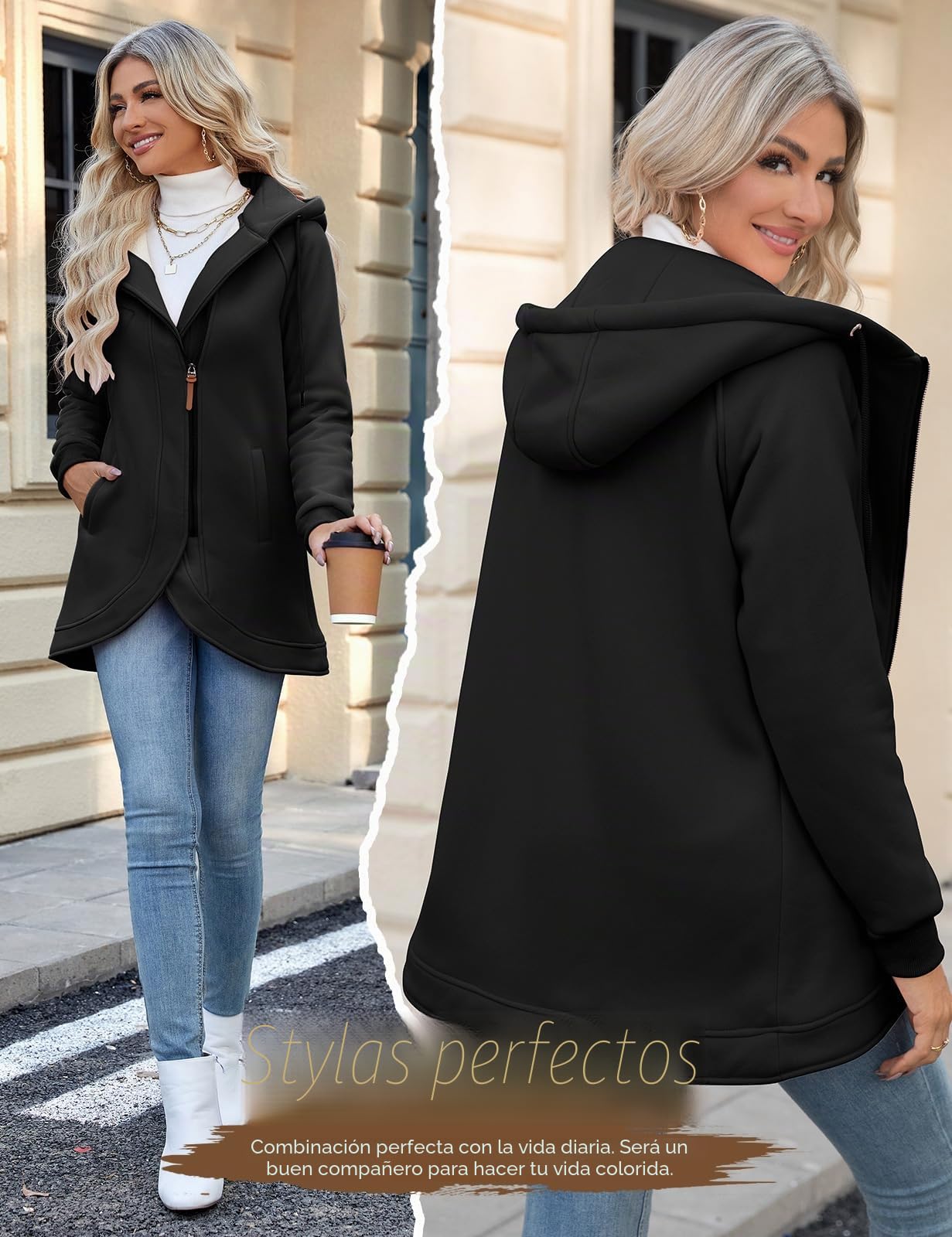 Voqeen Mujer Sudadera con Capucha Invierno Cálido con Cremallera Chaqueta con con Forro Polar Caliente Casual Abrigos con Bolsillos de Lana Deportivo Jacket de Otoño