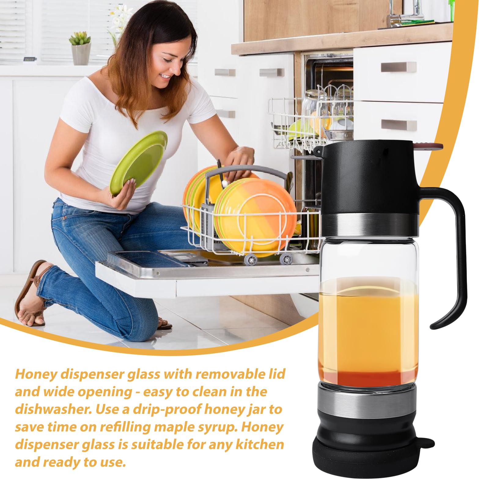 Dispenser di miele in vetro borosilicato 300 ml: barattolo per miele antigoccia con manico e tecnologia anti-ritorno, ideale per sciroppo, marmellata, caffè, tè, cucina e ufficio