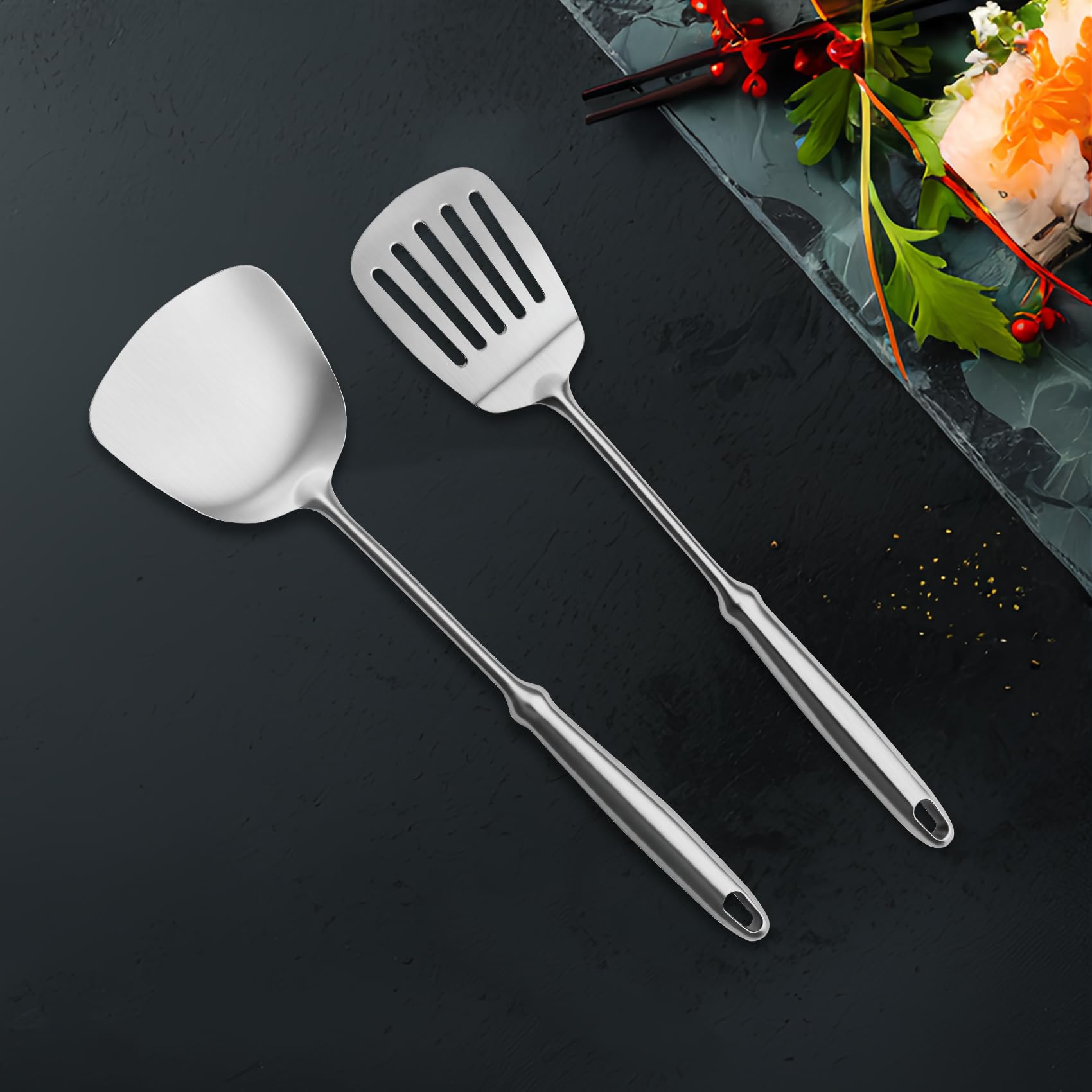 304 Edelstahl-Kochutensilien-Set, 9-teiliges Metall-Küchenutensilien-Set, Servierlöffel, Spaghetti-Löffel, Skimmer, Fleischgabel usw. (spülmaschinenfest)