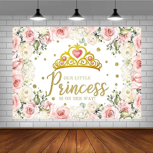 Miniatura 4 de Sendy Telón de fondo de princesa para baby shower de 7 x 5 pies para niña, con texto en inglés "Our Little Princess is on Her Way" para fotografía