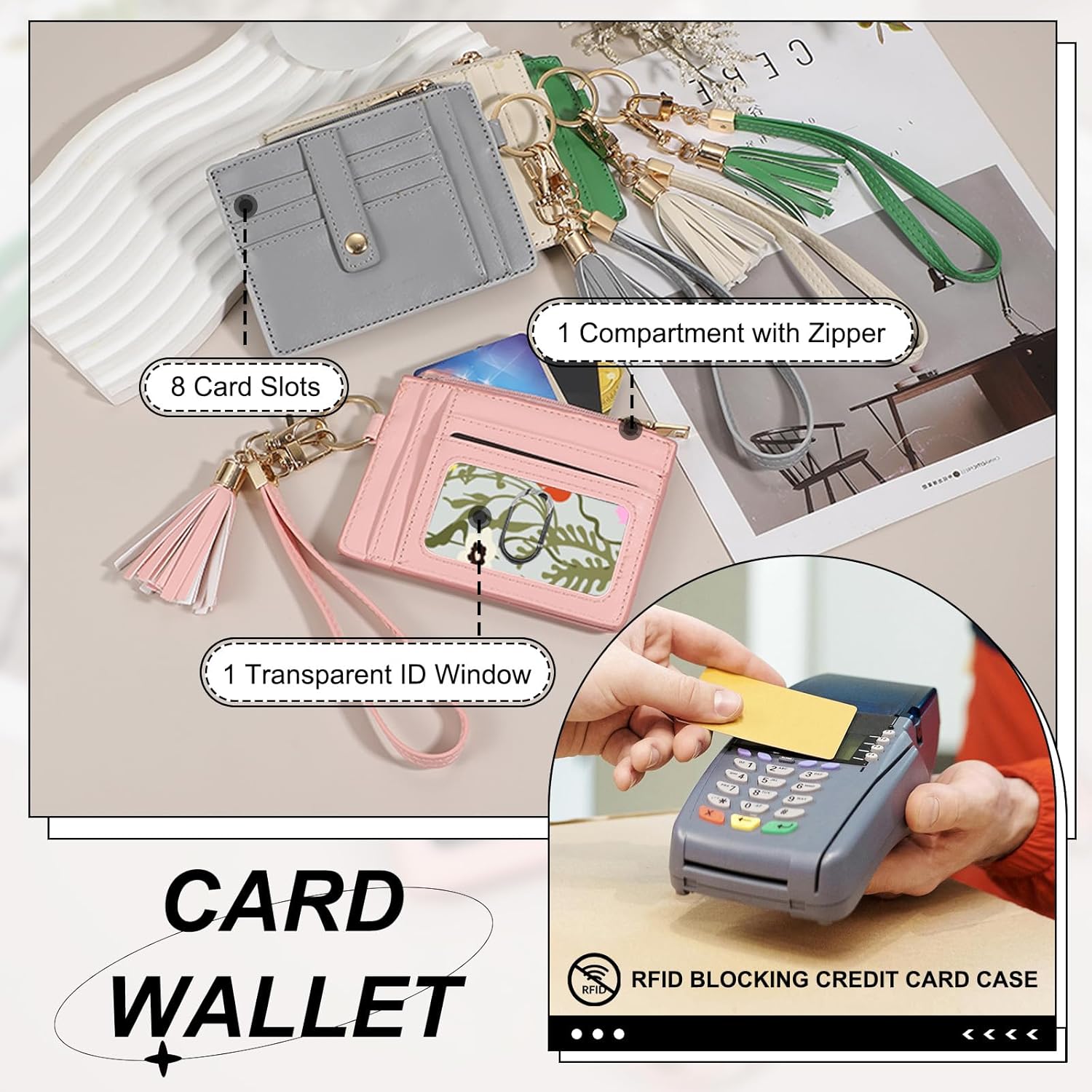 uxcell Slim Wallets Wristlet for Women, RFID Credit Card Case Keychain with Tassel PU Wristlet - Image 4