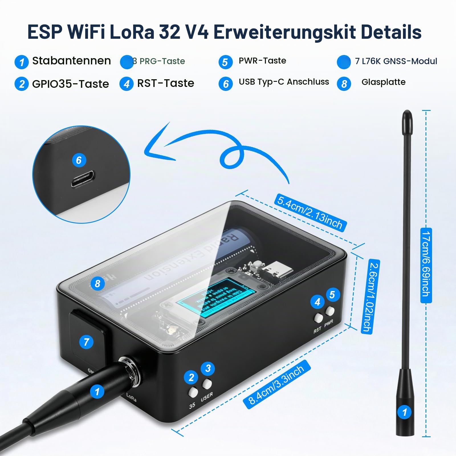 LoRa ESP32 V4 Modul mit 2800 mAh Akku & GPS,APKLVSR LoRa 32 V4 Entwicklungsboard mit Hartglas-Gehäuse,ESP32-S3R2,1262 Chip, WiFi Bluetooth,für Arduino Meshtastic Smart Home IoT mit Antenne