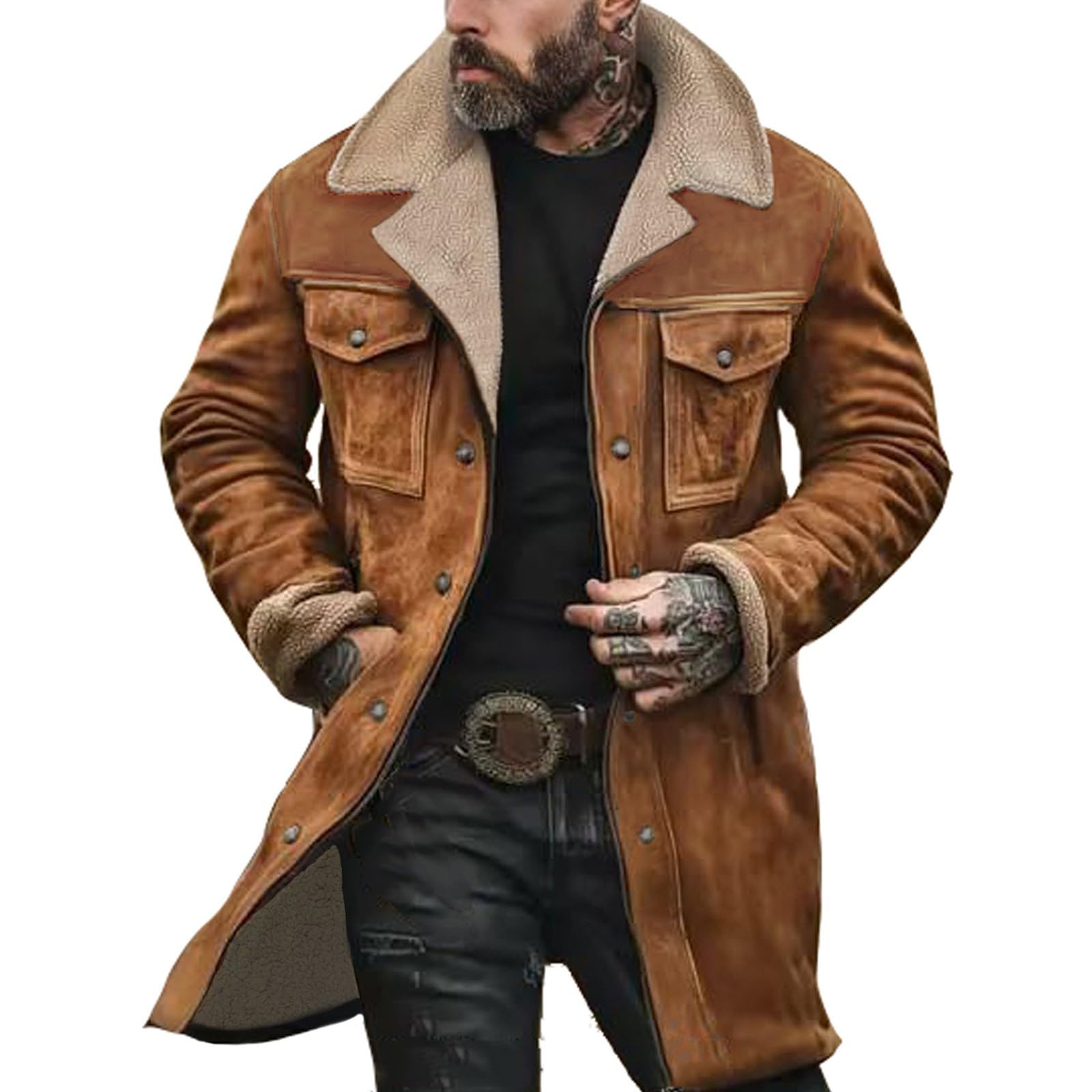Mens Western Cowboy Vintage Suede Jacket Plush Collar Coats Faux