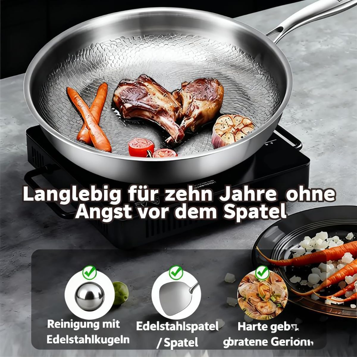 Titan Pfanne Unbeschichtet 26/28/30/32 cm – Antihaft Bratpfanne mit Deckel, Edelstahlpfanne, Kratzfest & Induktionsgeeignet für Alle Herdarten | Multifunktionale Edelstahlpfanne (Mit Deckel, 26cm)