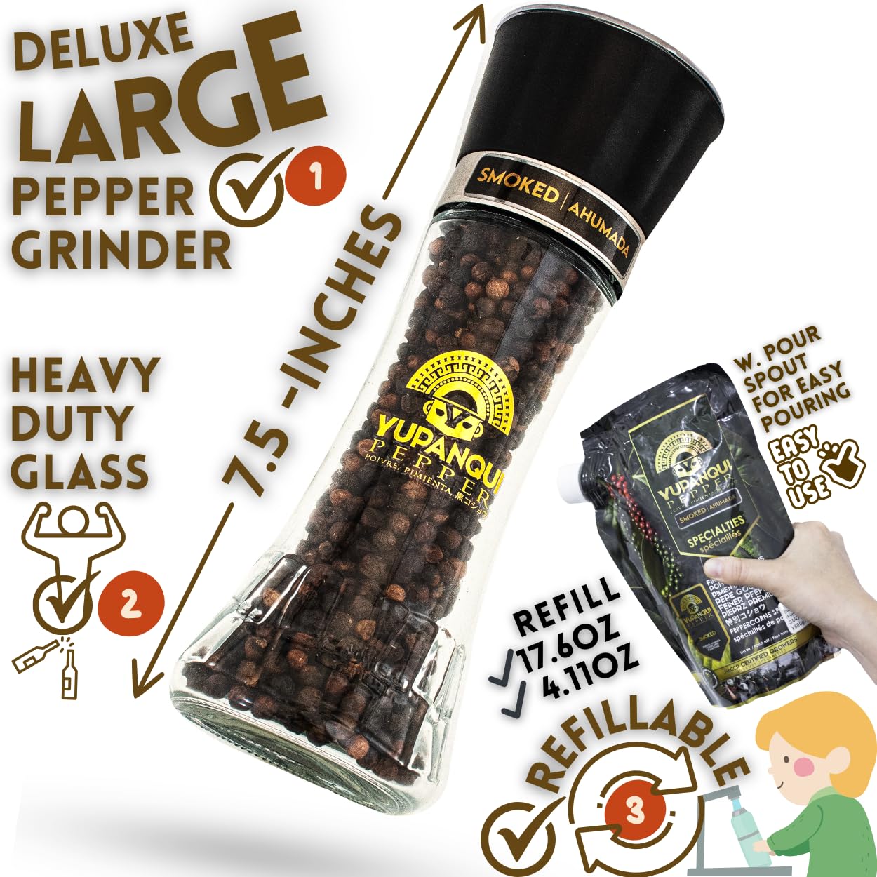 YUPANQUI Smoked Black Pepper Grinder Manual 3.5oz - Smoked Pepper Grinder with Peppercorns BEST Smoke Black Peppercorns Mill for BBQ Grilling & More
