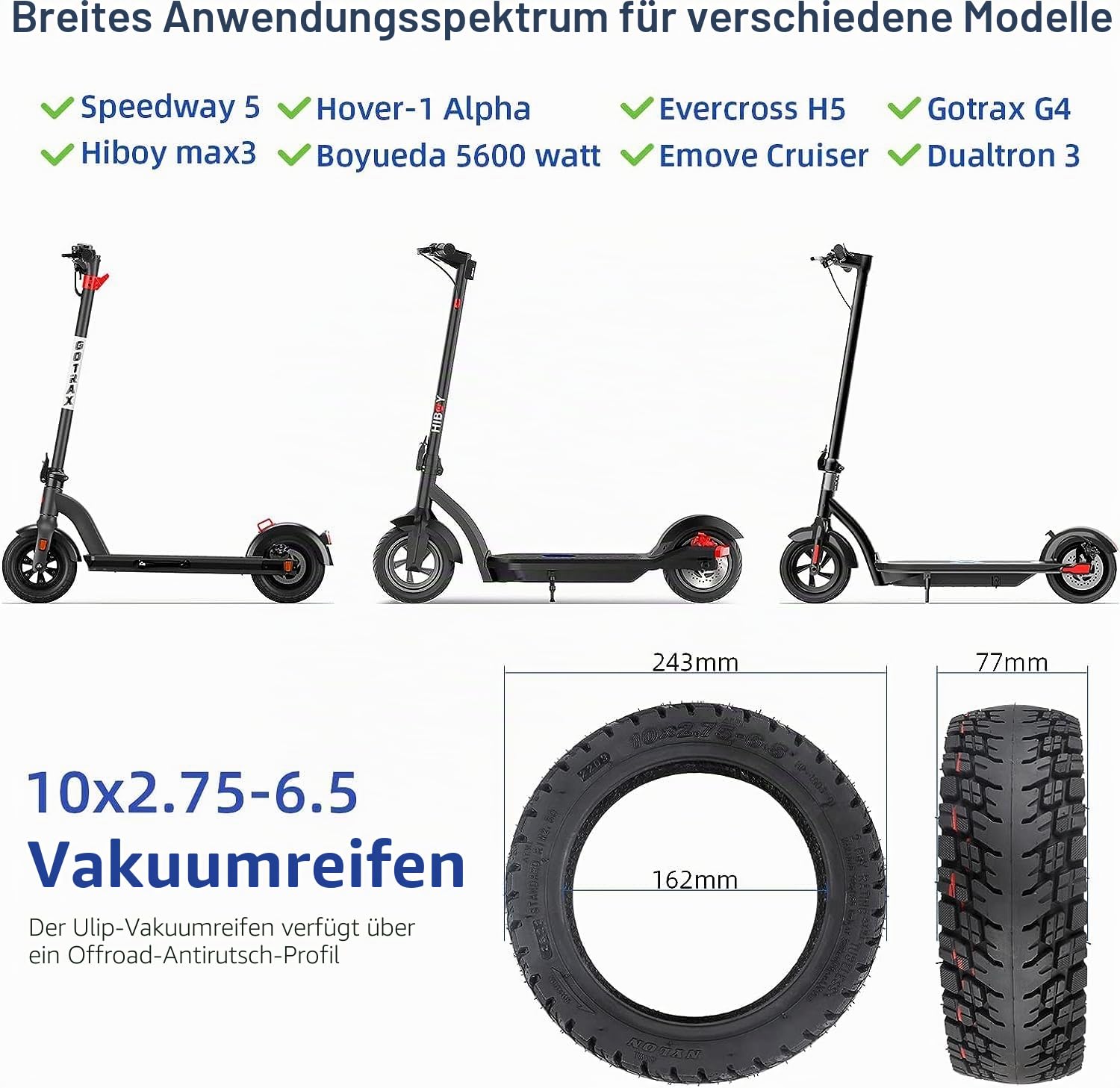 10x2,75-6,5 Offroad-Tubeless-Reifen 10 Zoll dicker Ersatzreifen für KuKirin G3/G2 Master Speedway 5 Dualtron 3 Hover-1 Alpha gotrax G4 Elektro-Scooter Tubeless-Reifen Anti-Rutsch Pannensicher