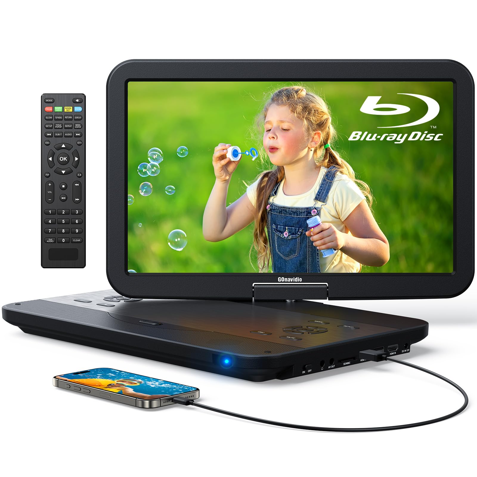 Photo 1 of GOnavidio 15.6" Portable Blu Ray Player with 13.3" HD Screen, 5-Hour Battery, Support HDMI Input/Output, Sync Screen/TV, Dolby Audio, USB/TF Card, AV in/Out, MP4/MKV 1080P Video, Last Memory
