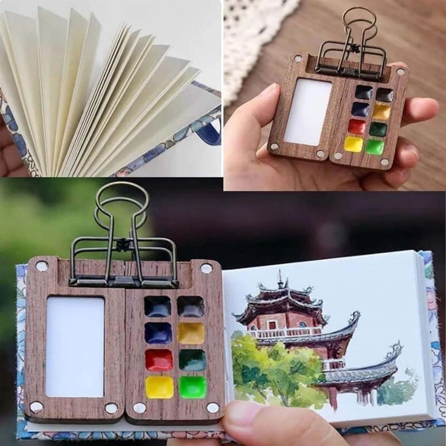 Mini kit per acquerelli, set di acquerelli, 2025 nuovo set di acquerelli da viaggio con clip pennello penna album da disegno (8 griglie+12 acquerelli)
