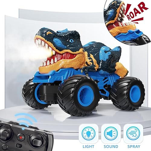 Miniatura 4 de Camión de dinosaurio a control remoto de 2.4 GHz para niños de 3, 4, 5, 6, 7, 8 años, auto de dinosaurio RC para niños pequeños, auto monstruo RC