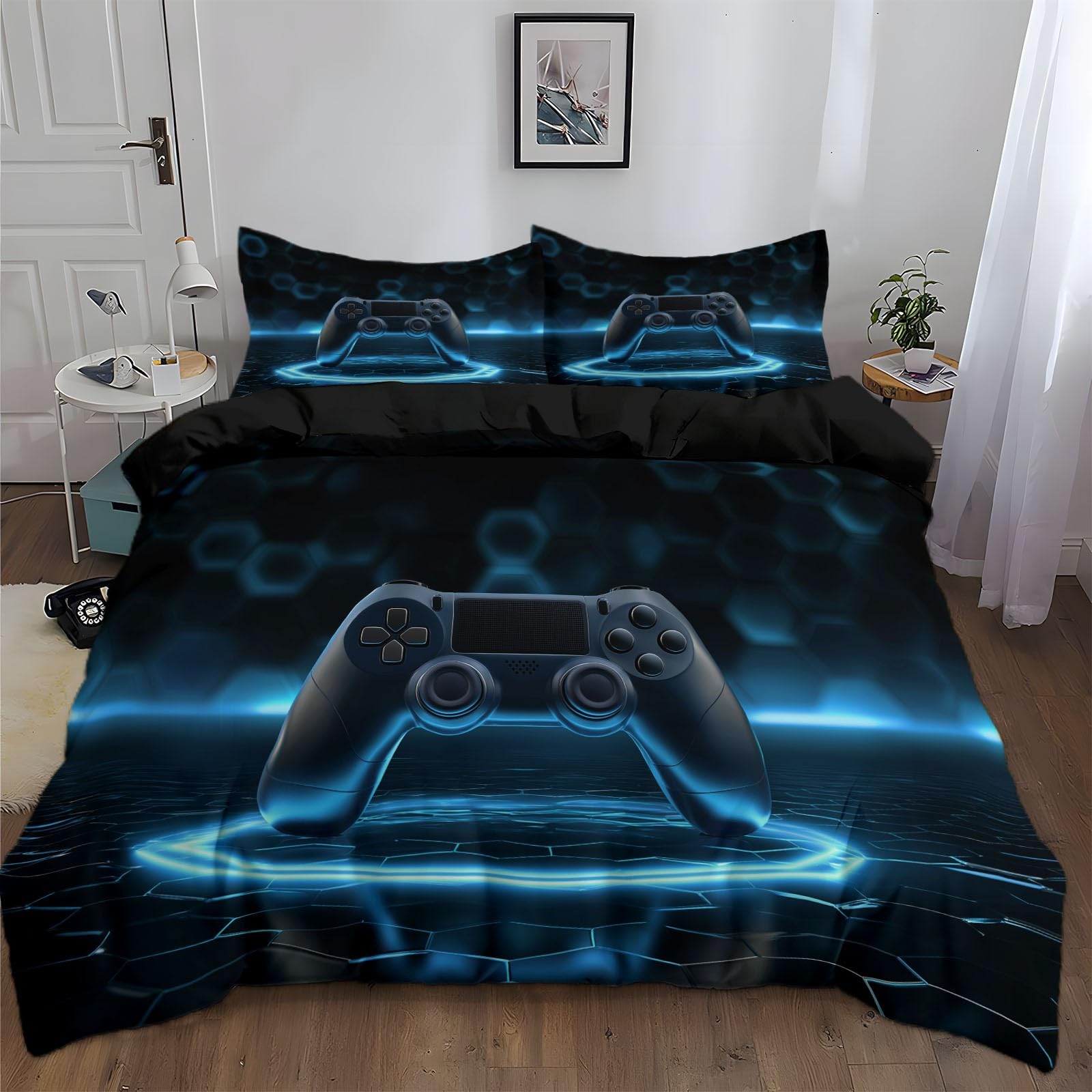 Funda Nórdica 3D Mando Juego Gaming Rejilla Hexagonal 200 x 200 cm - Negro Juego de Cama 3 Piezas para Cama 105 Microfibra Suave con Cierre de Cremallera, para Habitación Adolescente Niño