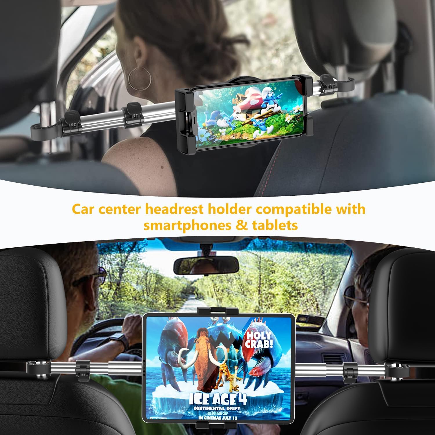 Car Headrest Tablet Mount, Car Backseat iPad Holder for Kids [Adjustable 360° Rotation] Between Seats Tablet Stand for 4-12.9" Devices, iPad Pro Air Mini, Galaxy Tabs, Fire, iPhone Series