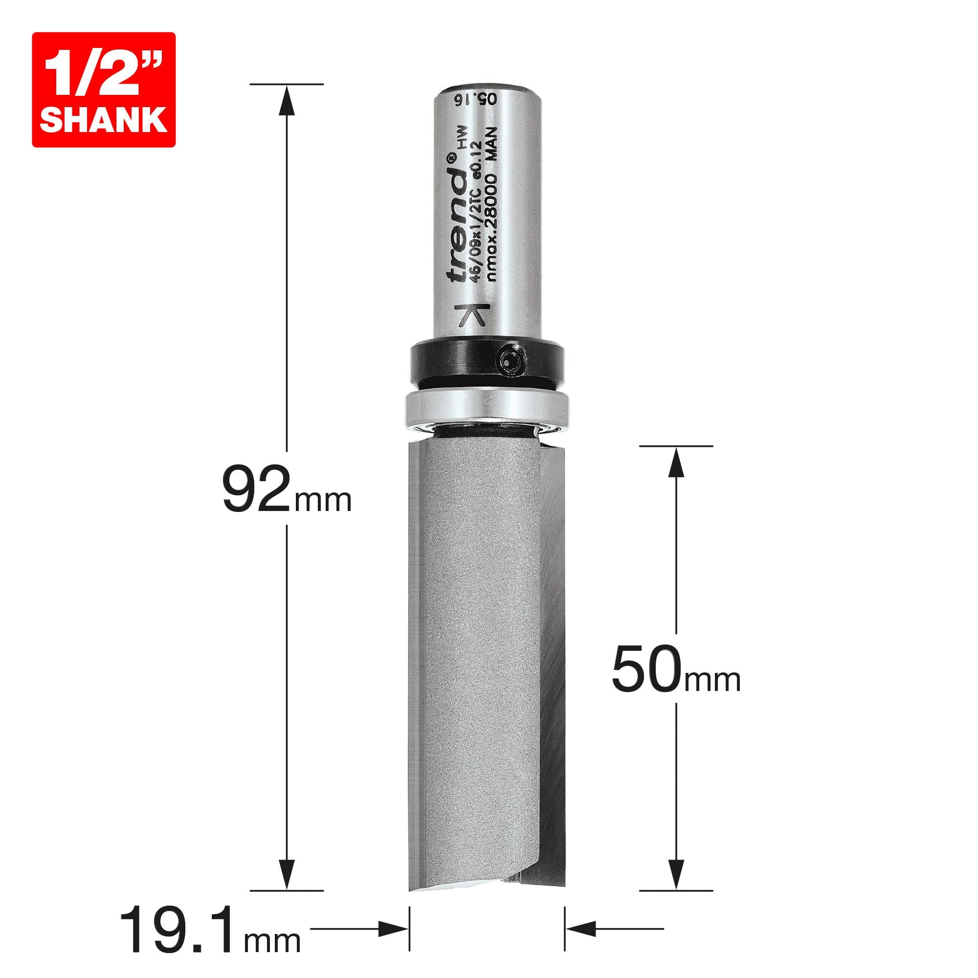 Trend Profesional Perfilador, mango de 1/2 pulgada, diámetro de 19 mm, longitud de corte de 50 mm, guiado por rodamiento, metal duro (TCT), 46/09X1/2TC