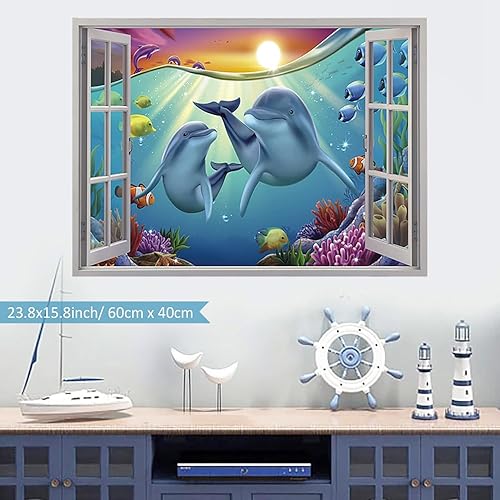 Miniatura 3 de IARTTOP Calcomanías de pared 3D con delfines 3D, calcomanías falsas para ventana, peces marinos, animales marinos, calcomanías de pared de peces