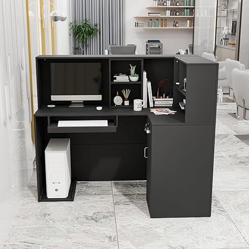 Miniatura 7 de L-Shaped Reception Desk with Counter, Front Desk with Lockable Drawers & Adjustable Shelf, Retail Checkout Counter for Beauty Salon Office, Black