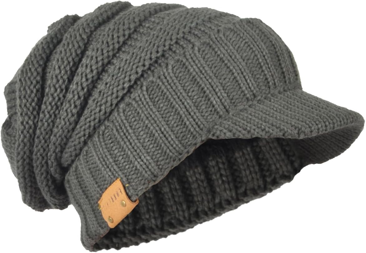 Mens Slouch Beanie Vintage Knit Cadet Cabbie Skull Cap with Visor B319