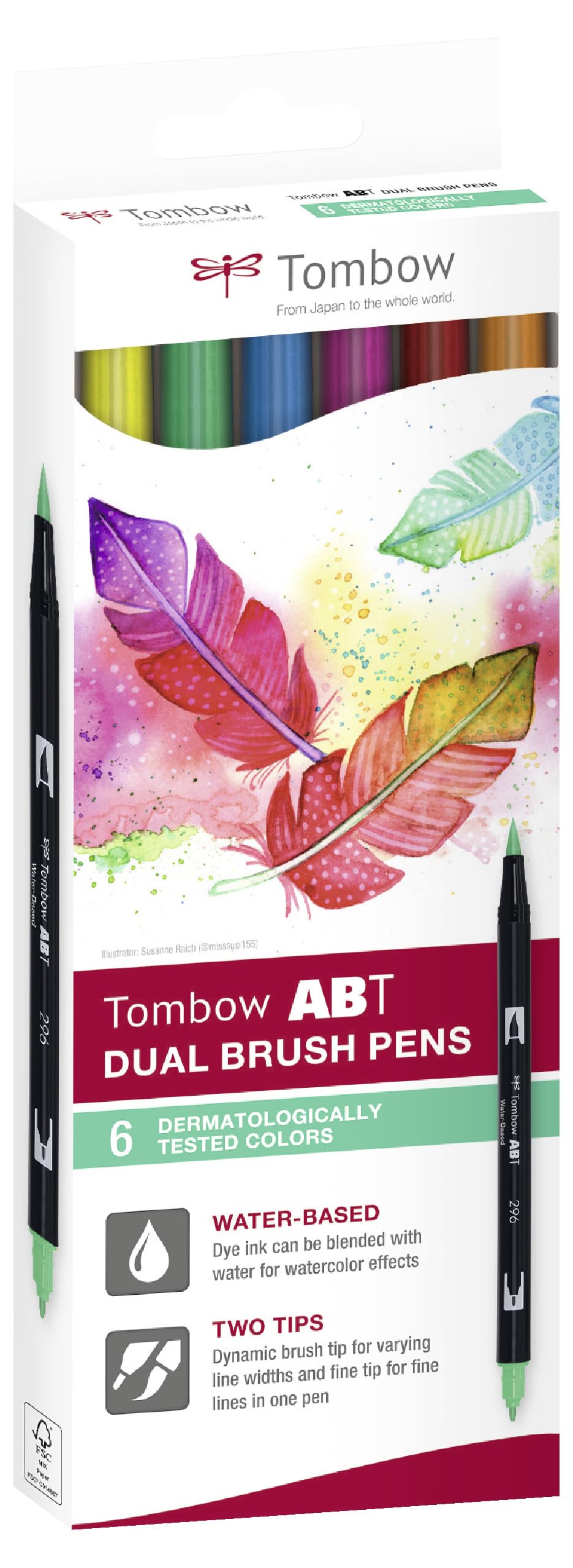 Tombow ABT-6C-3 Set of 6 ABT Felt-tip Dual Brush pens with 2 Tips, dermatologically Tested