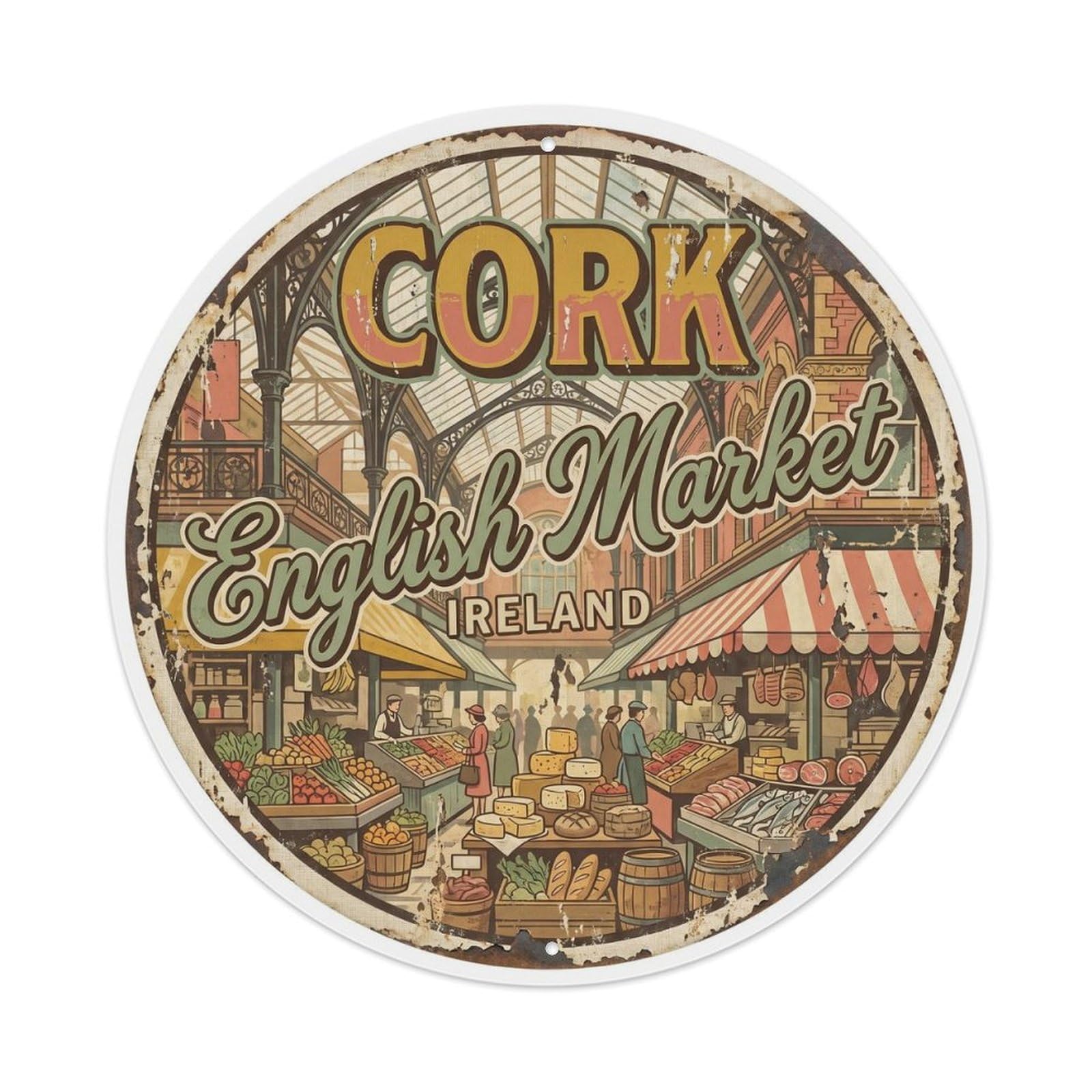 Vintage Travel Cork Market Ireland Metal Tin Sign Plaque Wall Decor for Cafe, Club Bar, Office, Home Garden Round Metal Poster 8x8Inch