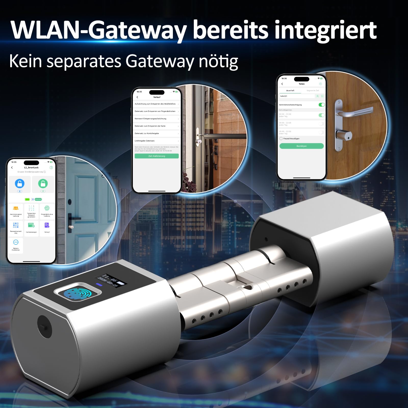 Cylindre de porte électronique eLinkSmart empreintes digitales, PIN, application, RFID/NFC et clé, passerelle Wi-Fi incluse, réglable de 60 à 140 mm, sans perçage, étanche IP65, clé temporelle Airbnb