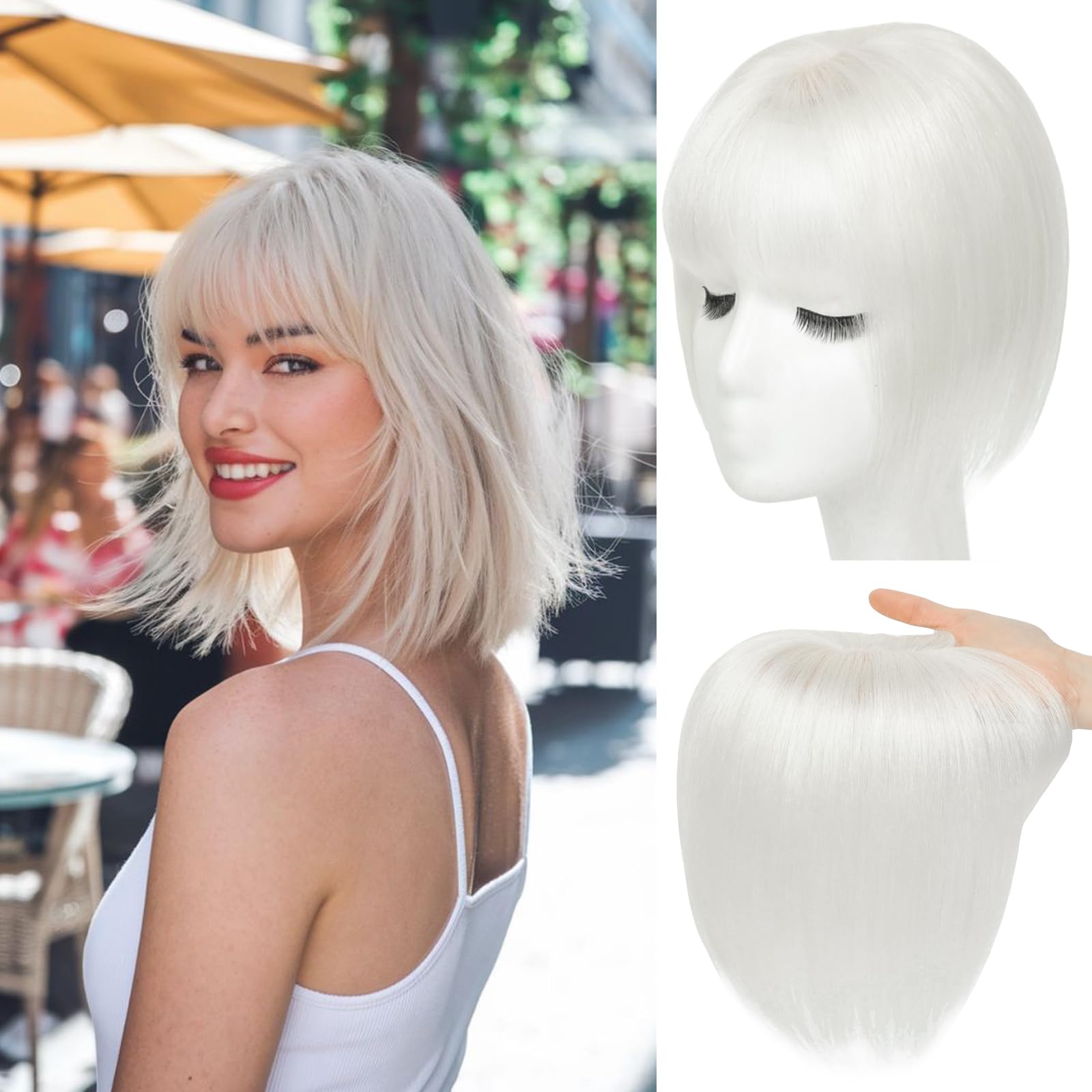 Hair Toppers for Women Real Human Hair， 360°3D Cover Toppers Hairpieces for Women with Thinning Crown Wispy Clip in Bangs Realistic Scalp Hairline (60#, Wispy Bangs)