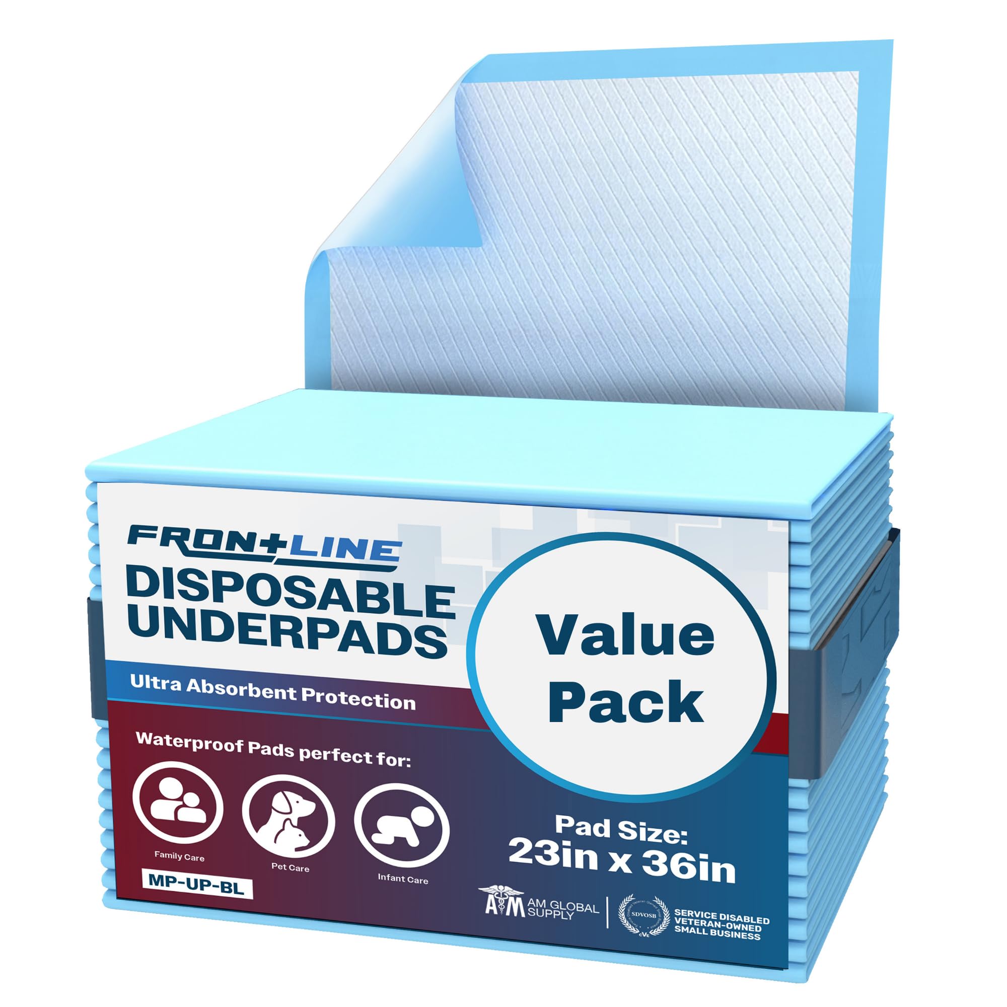 FRONTLINE Disposable Underpads Large 23'' X 36'' Absorbent Bed Pads, Medical Hospital Bed Incontinence Chux Pads | Thick Waterproof Protection for Kids, Adults, Elderly Liquid, Urine, Accidents (25)