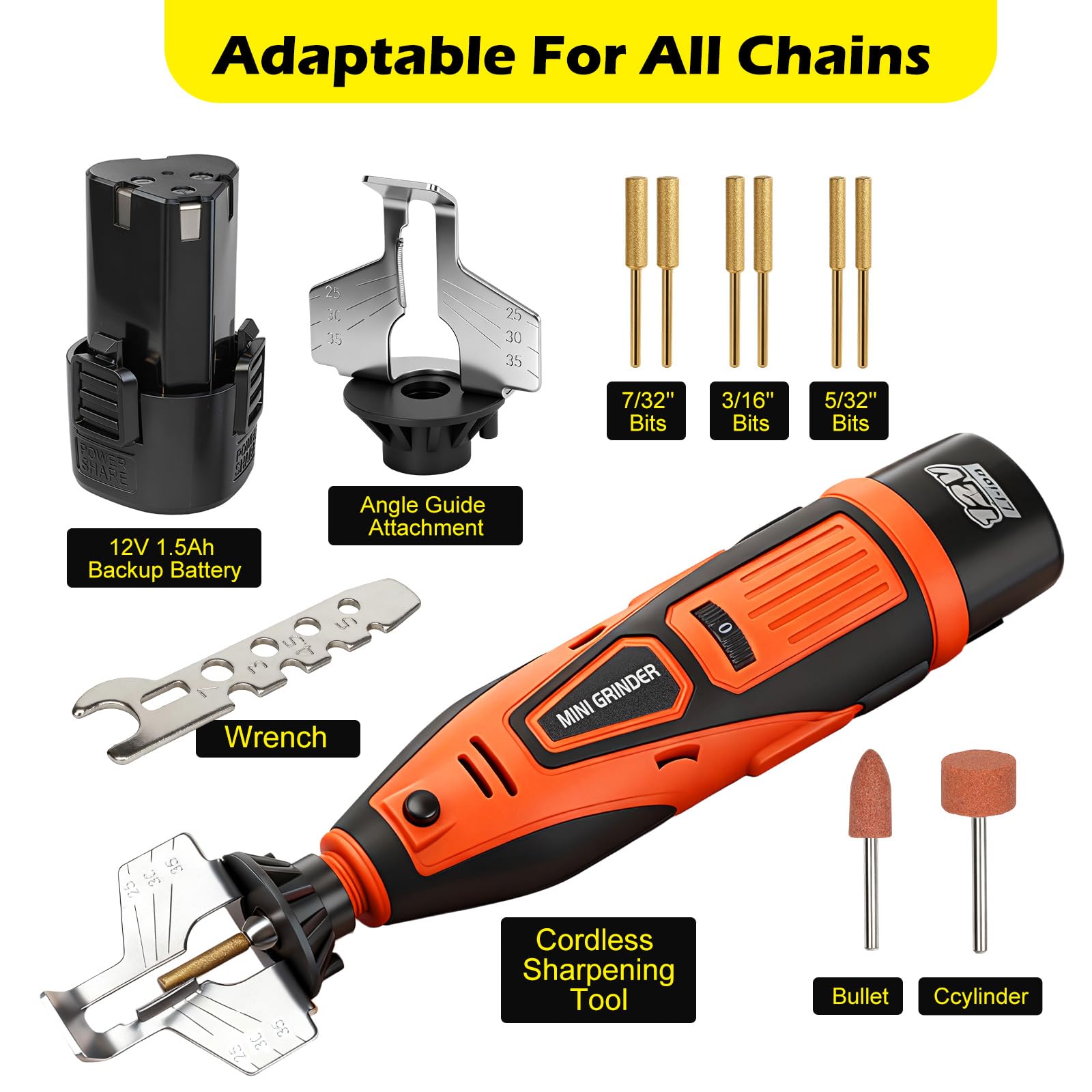 WIOR Kit de afilador de motosierra inalámbrico con puntas de diamante recubiertas de titanio, herramienta afiladora eléctrica de 12 V, 2 baterías, 6 ruedas de afilado de alta dureza, fijación en