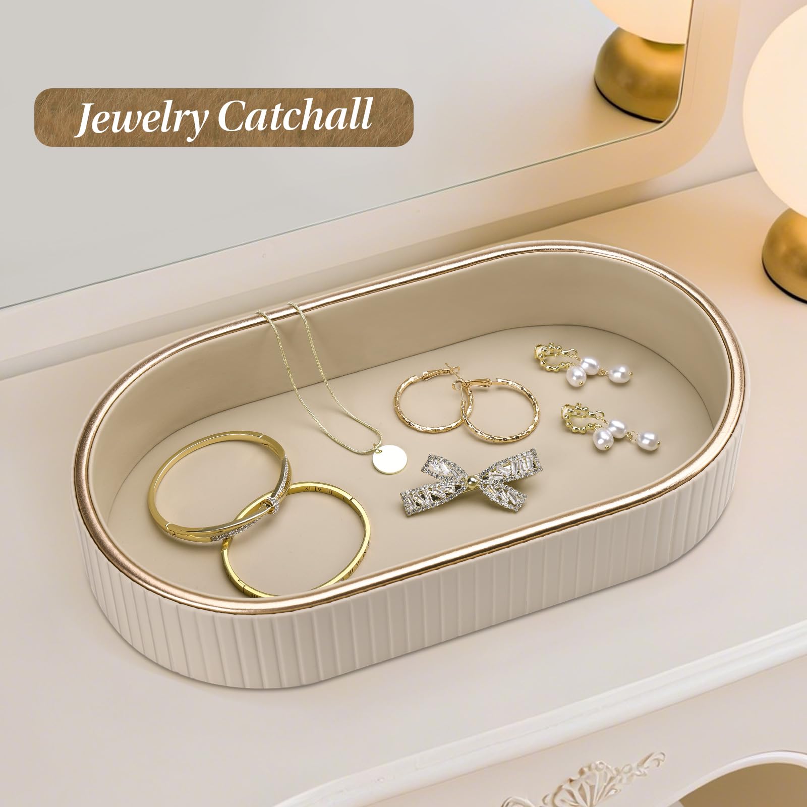 GORESE Vassoio da Bagno, Ovale Vassoio Decorativo in Pelle Vassoio Portaoggetti Vassoio per Profumi Svuotatasche Vassoio da Portata per Bagno,Cucina,Tavolo,Soggiorno,Camera da Letto(Beige)