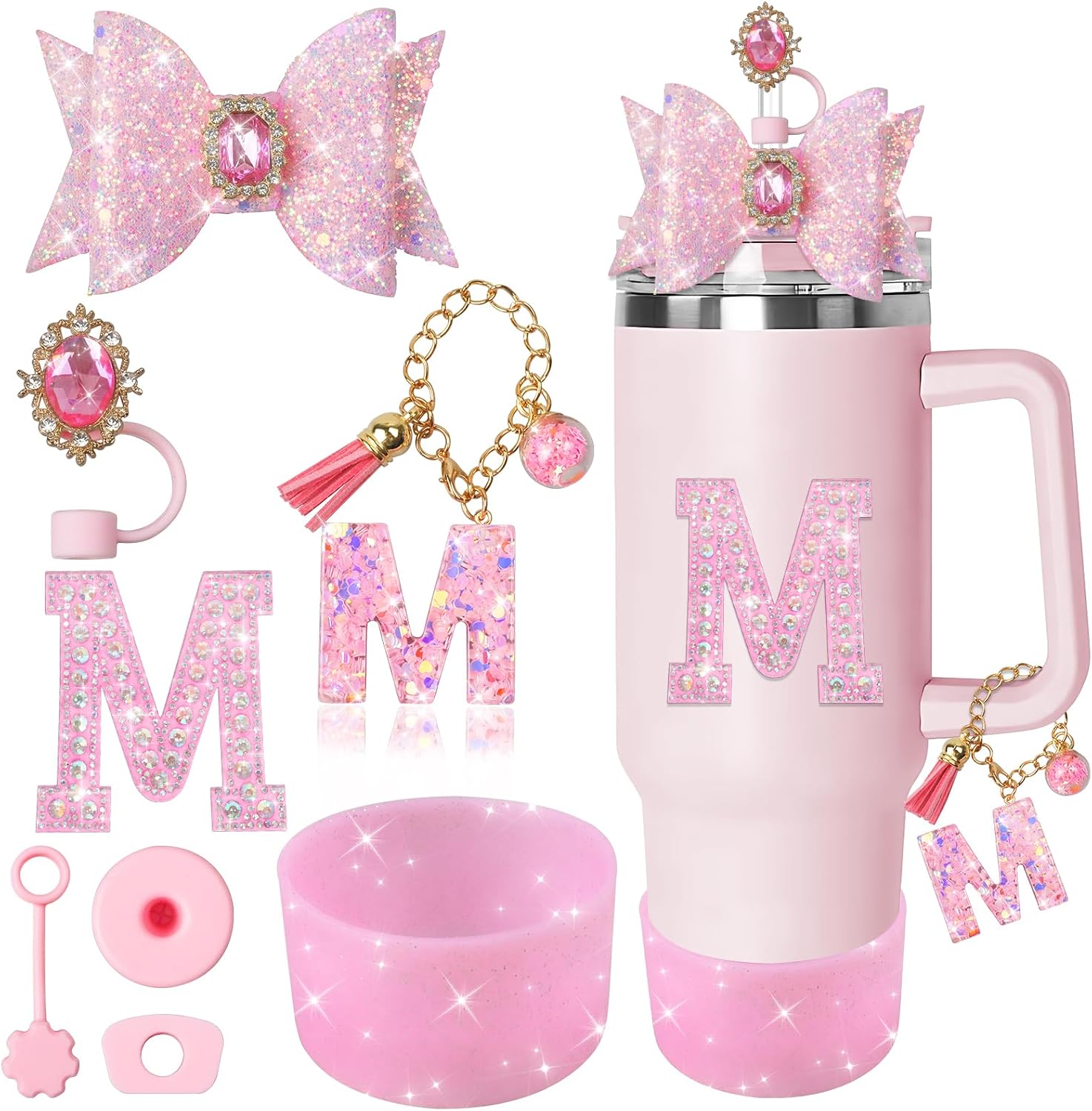 XIANGYUAN 8PCS Pink Bling Accessories Set for Stanley Cup 30oz 40oz Tumbler with Handle,Including Silicone Straw Topper Cover Cap,Spill Proof Stopper,Handle Charm for Stanley Tumbler (Pink M)