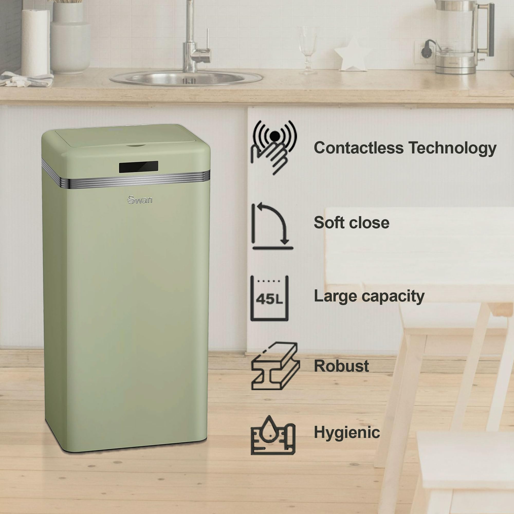 Swan Retro Cubo de Basura Cocina Automático, Sensor de Movimiento, 45 Litros, Metálico, Papelera Inteligente de Reciclaje Gran Capacidad, Diseño Vintage, Verde