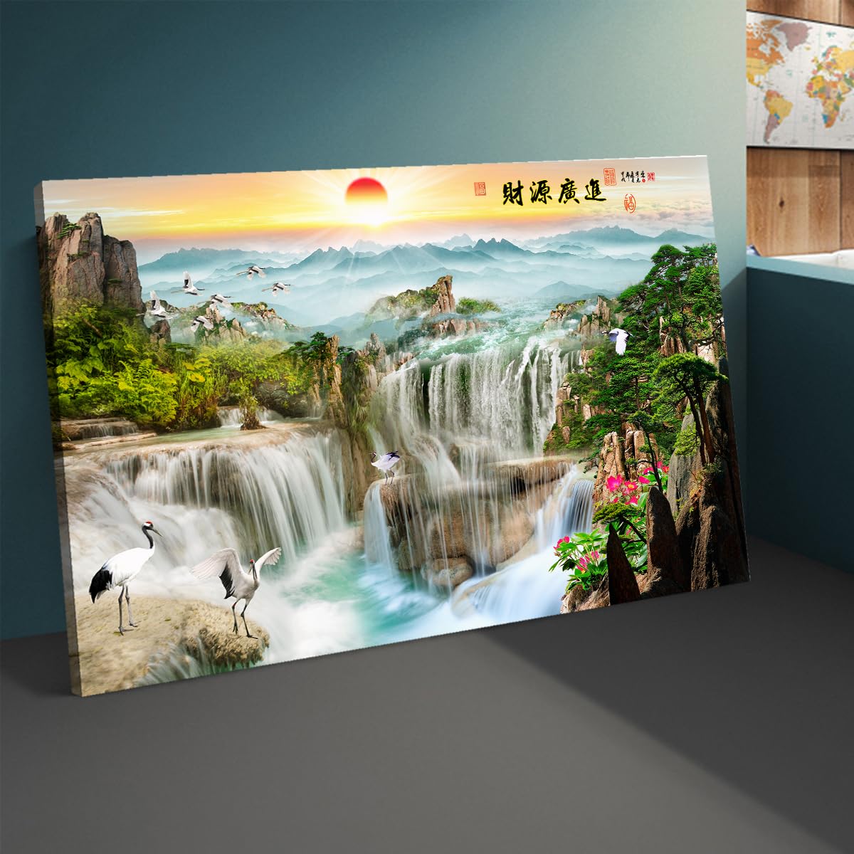 CHERHERART Chiński obraz wydruki ścienne na płótnie wodospad drzewo ptak płótno oprawione plakat do salonu sypialni biura 55x110cm