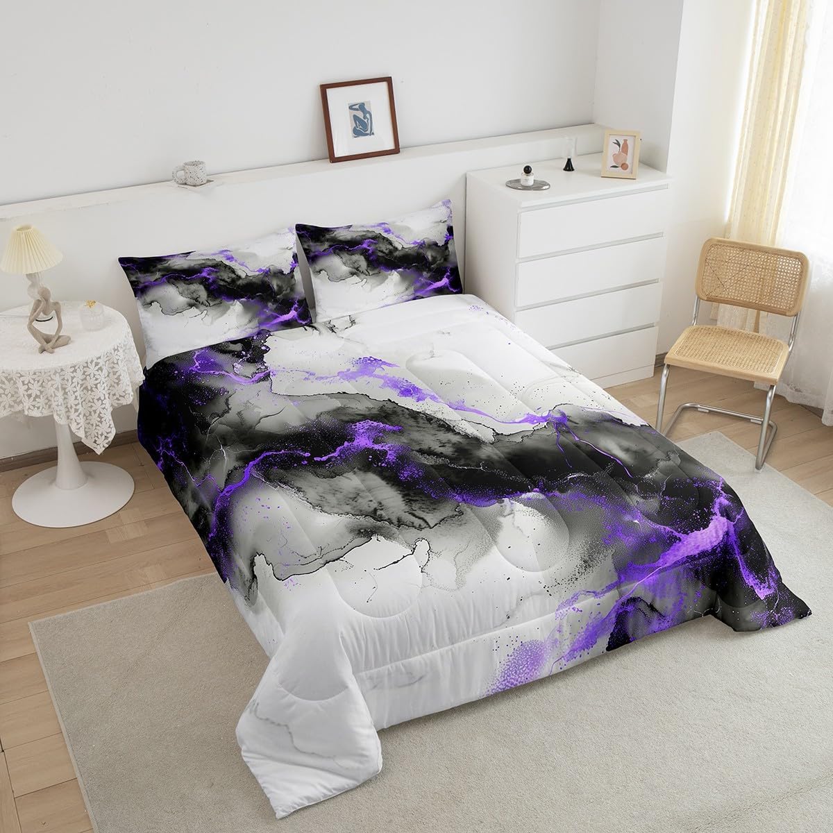 Erosebridal Black Purple Marble Queen Size Comforter Set Grey Marbling Bedding Set, Modern Aesthetic Down Comforter Mountain Fluid Bed Set, Foil Print Stone Pattern Quilted Duvet