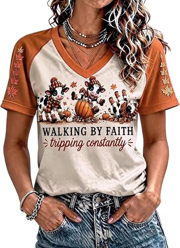 Womens Walking By Faith Tripping Constantly Highland Cow Print T-Shirt