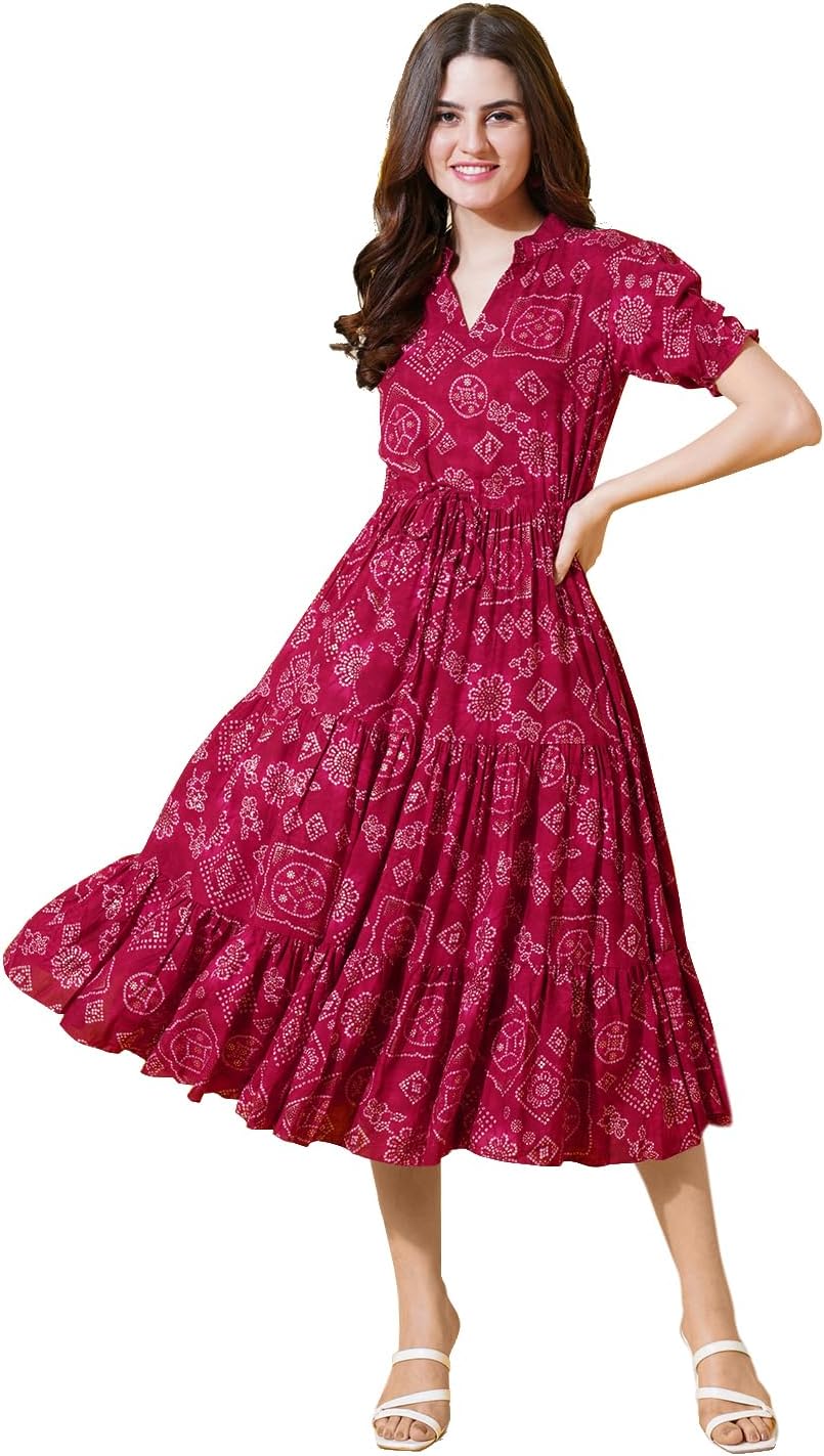 flowervellyDress for Women Printed Midi Dress with V-Neck, Puffed Sleeves