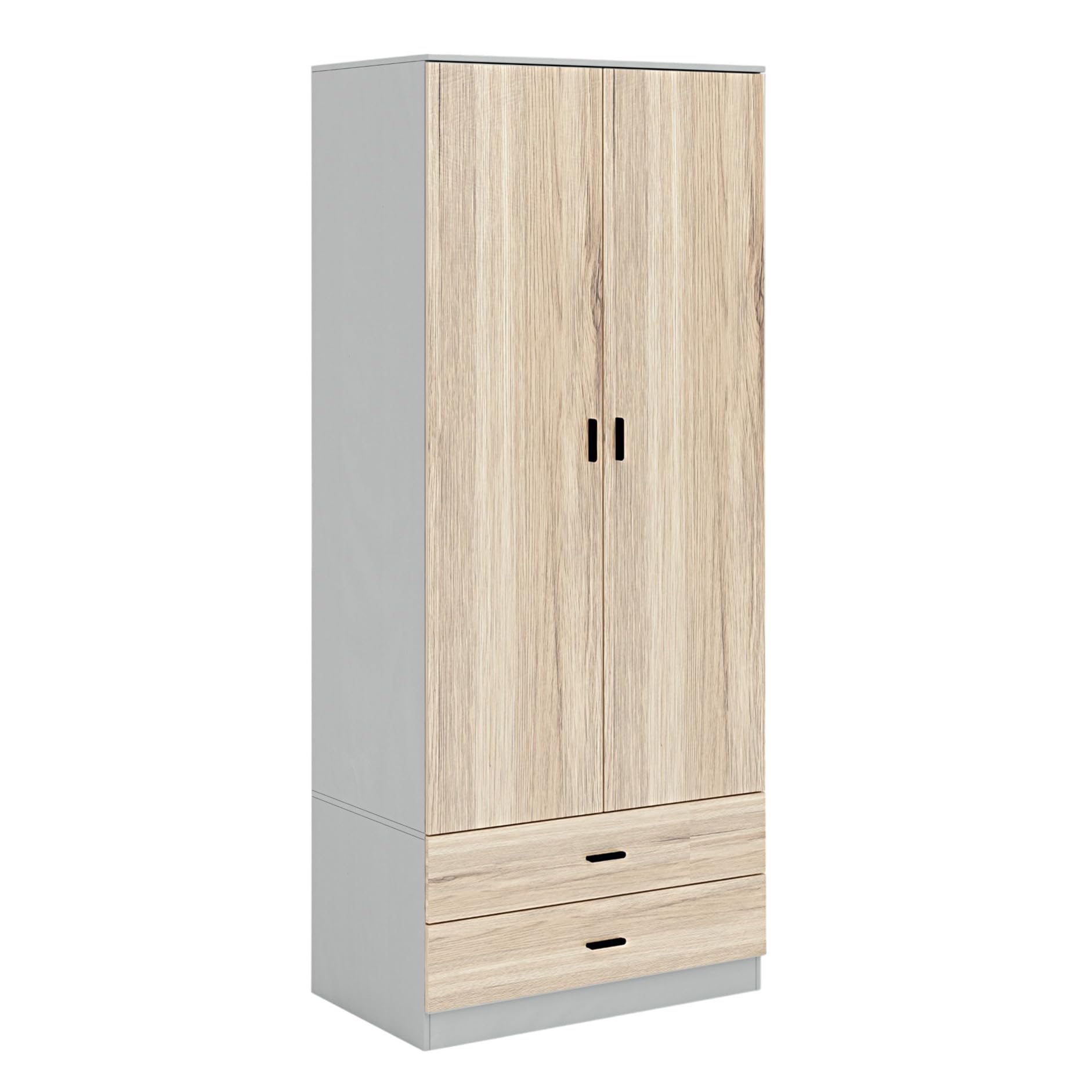 URBNLIVING Tall Wooden 2 Door Wardrobe With 2 Drawers Bedroom Storage Hanging Bar Clothes (Grey Carcass + Oak Drawers)