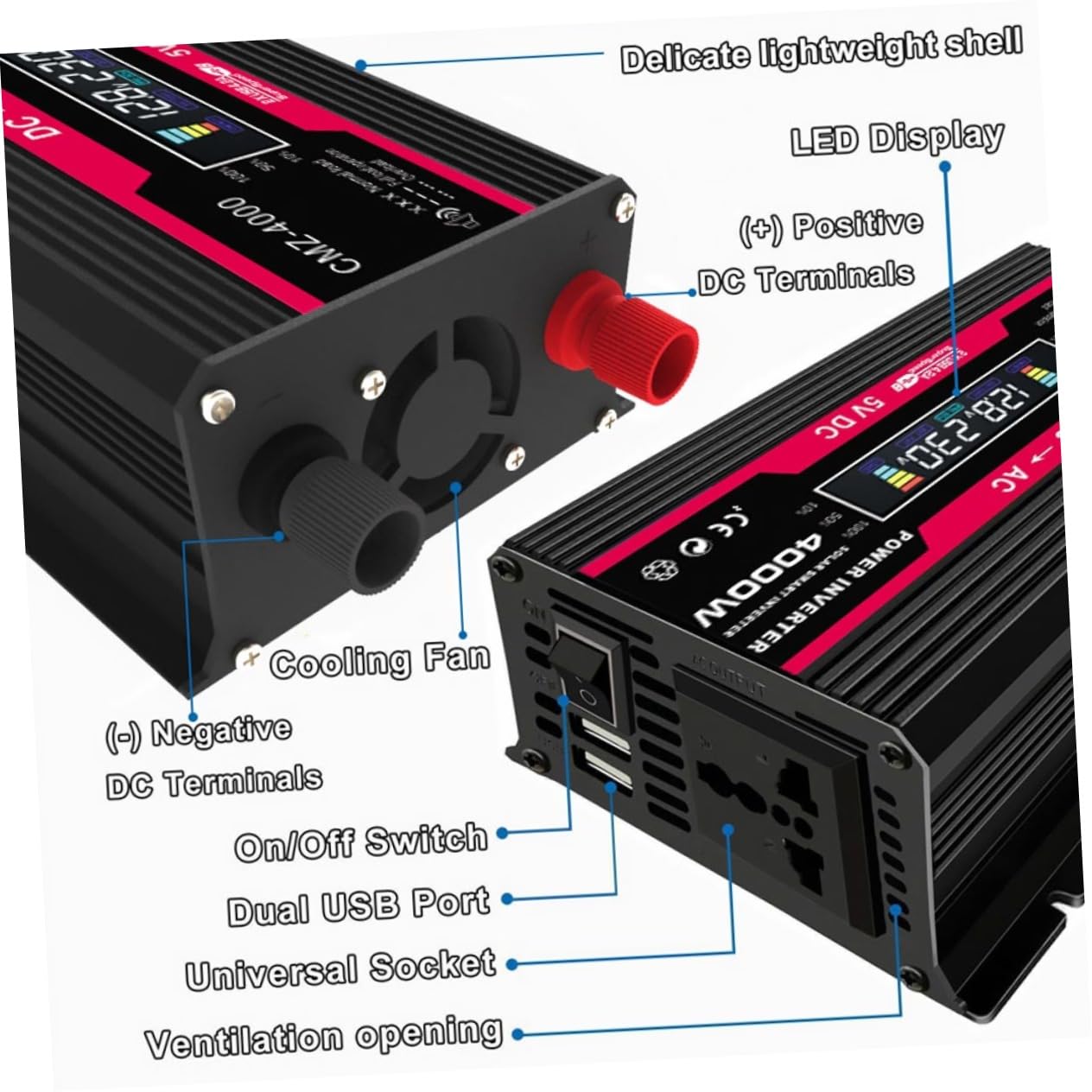 Inverter Di Potenza Display Lcd Digitale Convertitore Per Auto Con Porte Usb e Protezione Completa Scocca in Lega Di Alluminio-magnesio e Di Raffreddamento Intelligente