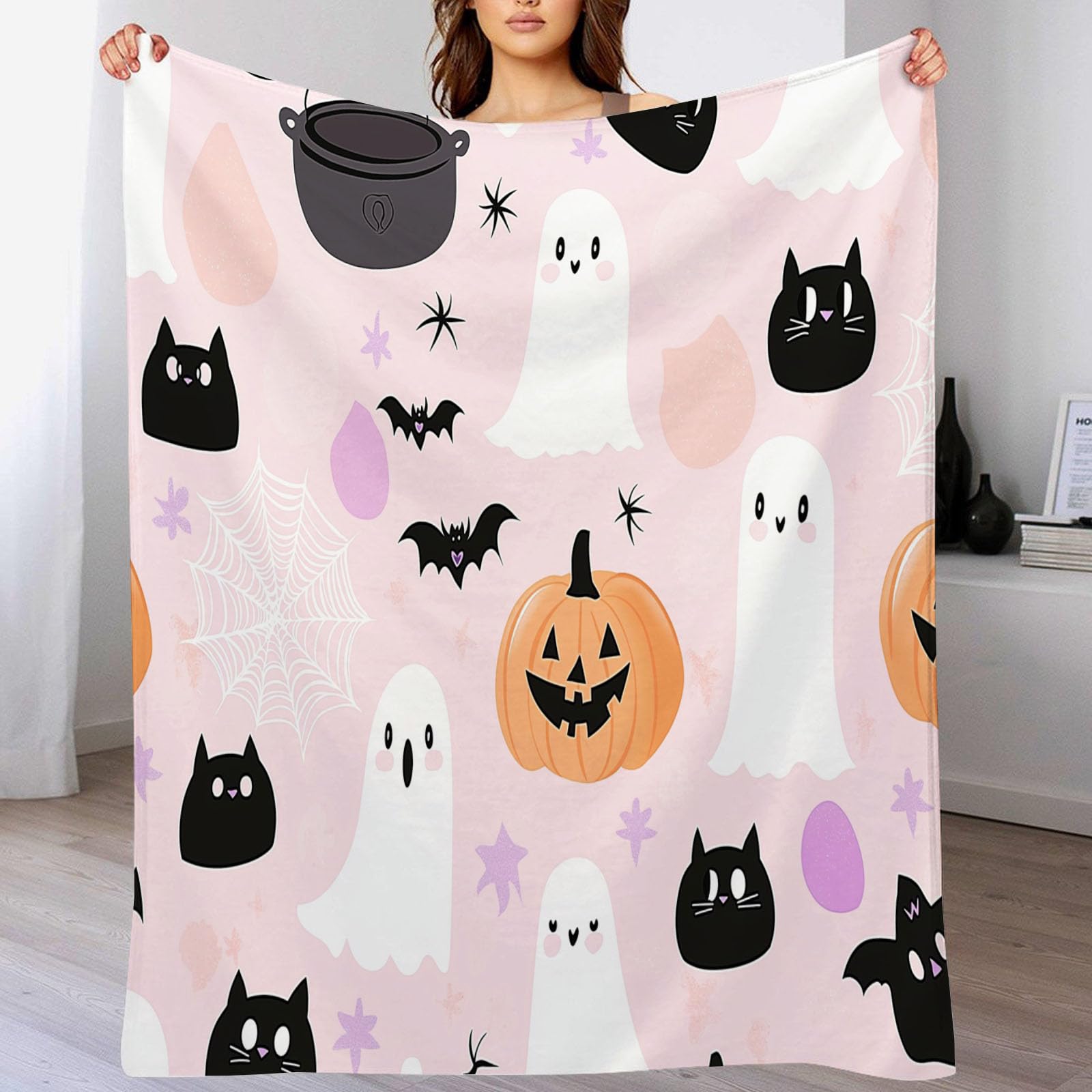 Plaid Halloween rose citrouille 220x240cm pour lit et canapé