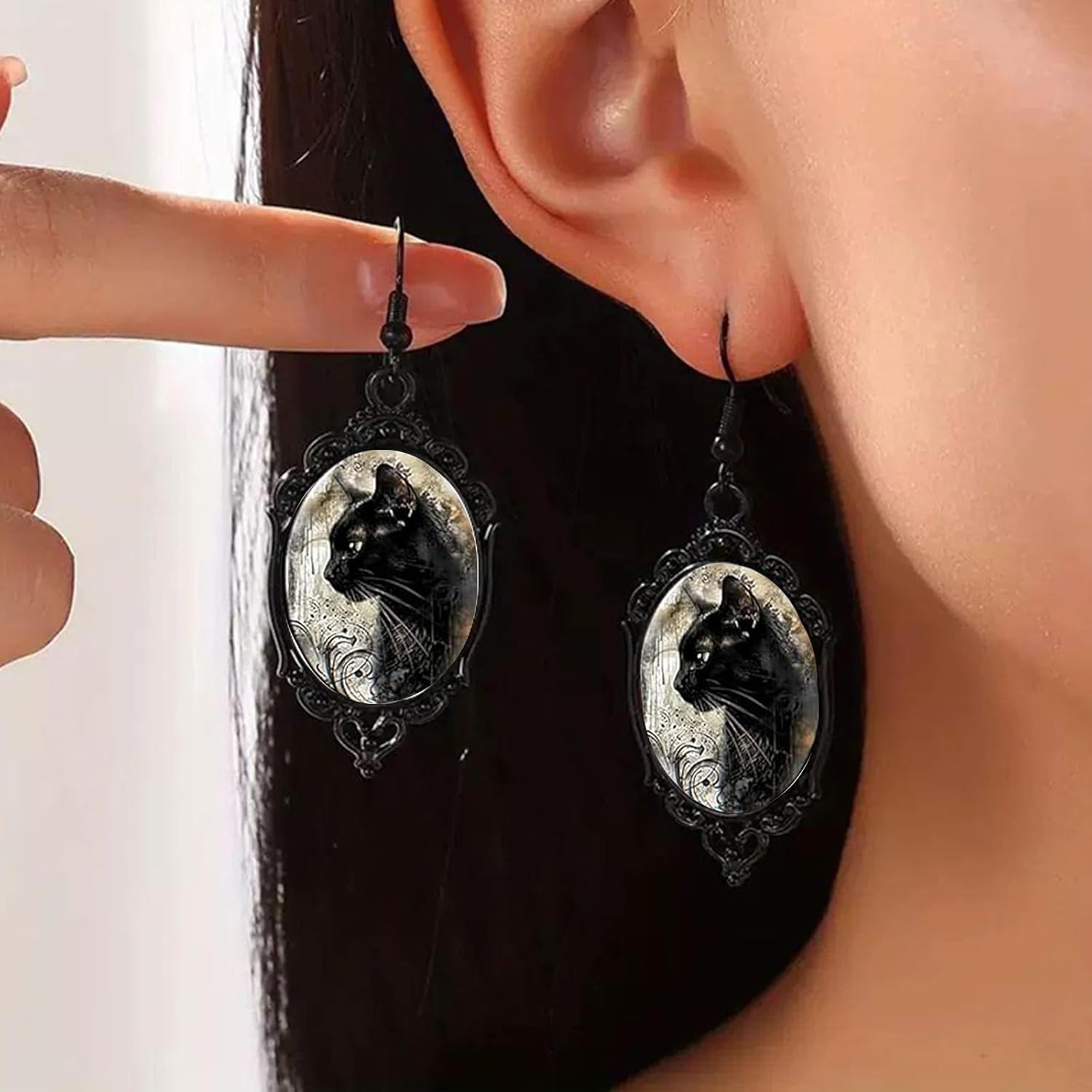 Black Cat Earrings for Women Vintage Gothic Glass Cameo Earrings Cute Cat Dangle Earring Halloween Witch Costume Accessories Holiday Jewelry Christmas Gifts Goth Jewelry for Women - Image 2