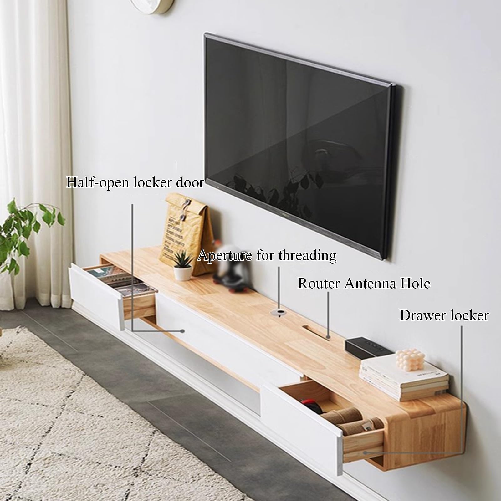 Genérico Soporte Flotante Multifuncional para TV de Madera Maciza: solución de Almacenamiento Elegante para Montar en la Pared, Ideal para televisores de Varios tamaños, diseño Seguro y Duradero (Col