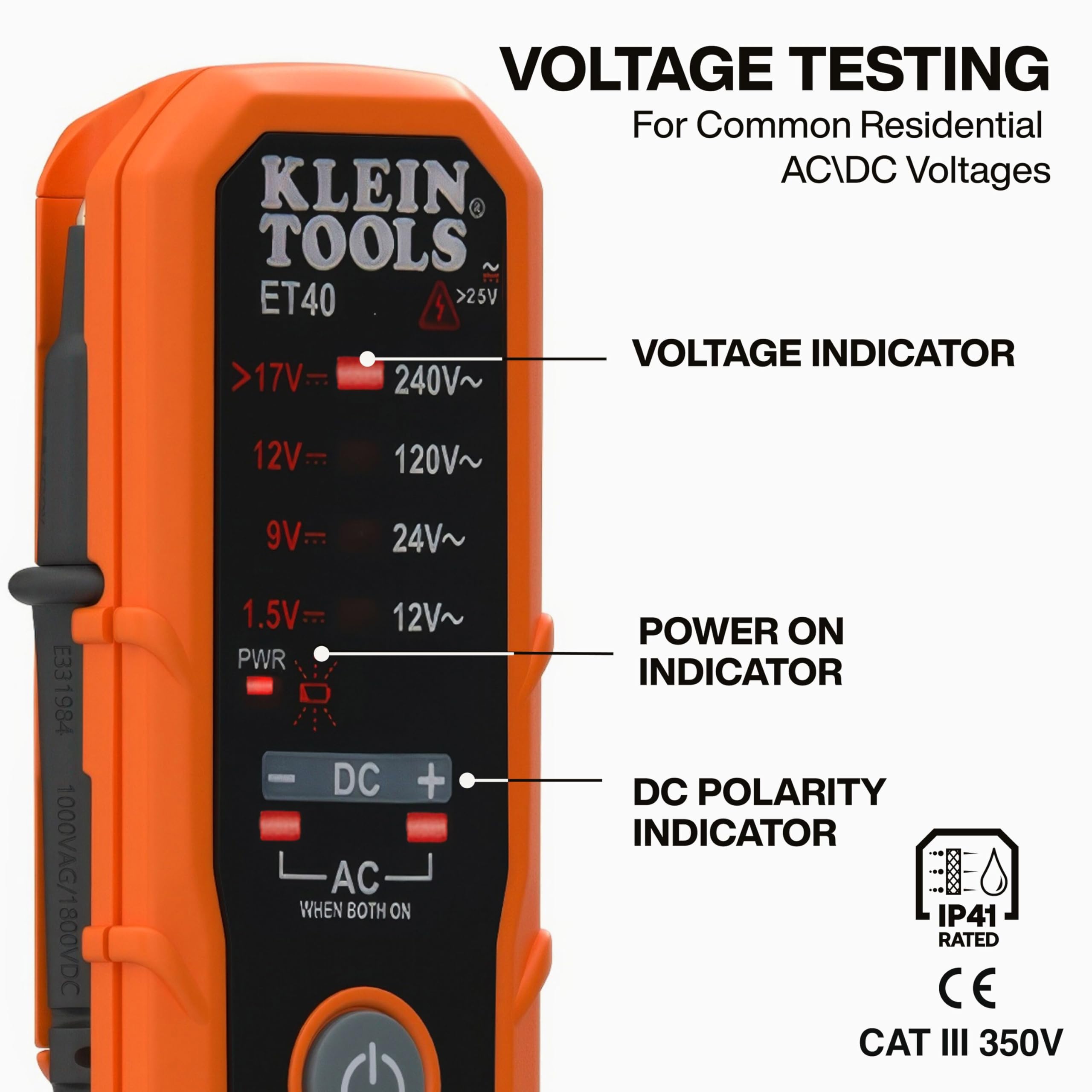 Klein Tools ET40 probador de voltaje, voltaje de CA, voltaje de CC y polaridad CC, incluye baterías