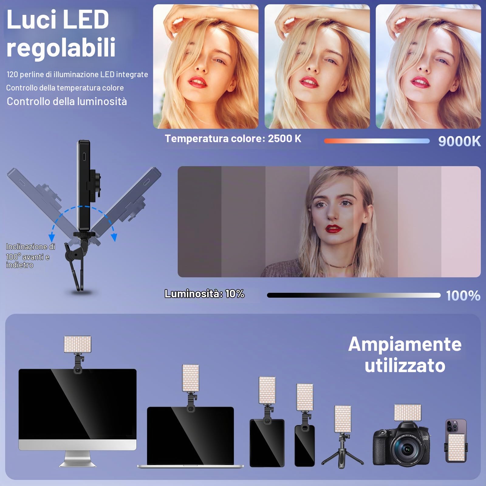 Luce per Video LED, Luce per Foto Portatile Dimmerabile 2500-9000K CRI 95+ 3000mAh Batteria 120 LED con einen Mini-Polarisator und einen Clip, Lampada per Foto per Telefono/iPad/Laptop/Fotocamera