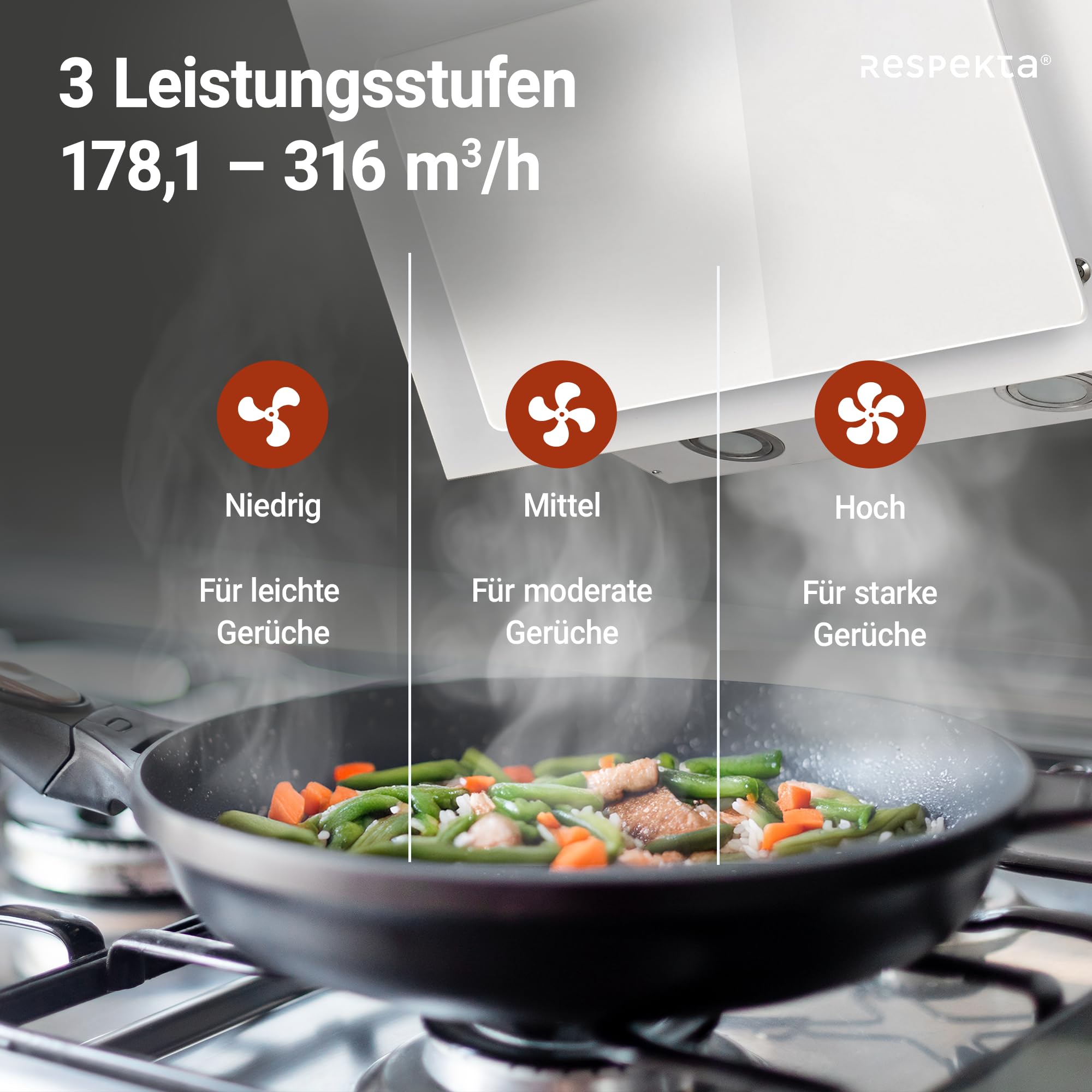Respekta Dunstabzugshaube kopffrei 60 cm Metallgehäuse Glasschirm Weiß Abluft Umluft CH33060WB 51-63,5 dB