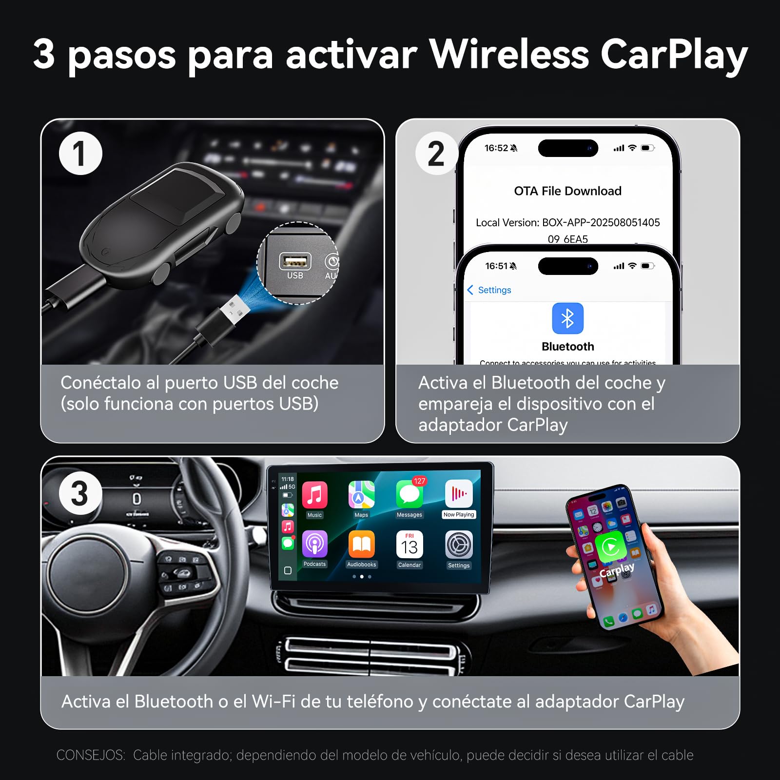 Veout CarPlay Inalambrico, Adaptador inalámbrico CarPlay 2 en 1 Mejorado para 2026, Compatible con Apple iOS 10+ y Android 11+, con Wi-Fi 5G y Bluetooth 5.8 Integrados, CP y AA, Plug and Play