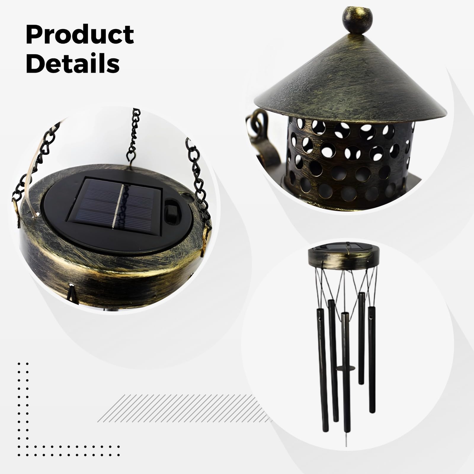 Lanterne solaire à carillon éolien, lampe solaire d'extérieur de 100,1 cm, lampe à huile avec abat-jour creux sculpté, lanterne d'art en fer forgé à suspendre étanche pour décoration de jardin et de
