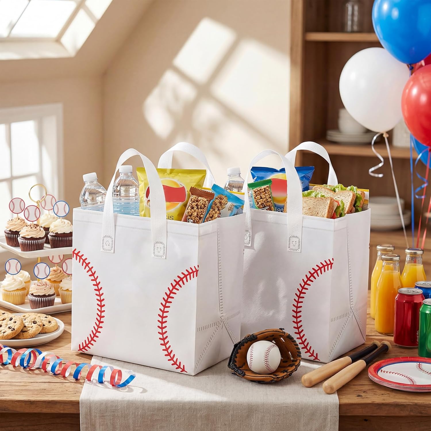 Kacctyen 50 Pcs Baseball Insulated Bags for Food Delivery, Thermal Grocery Take Away Bags for Pizza, Cookie, Cold and Hot Food, Insulated Tote for Baseball Senior Night, Sport Party, 9.5 x 9.5 x 6 in
