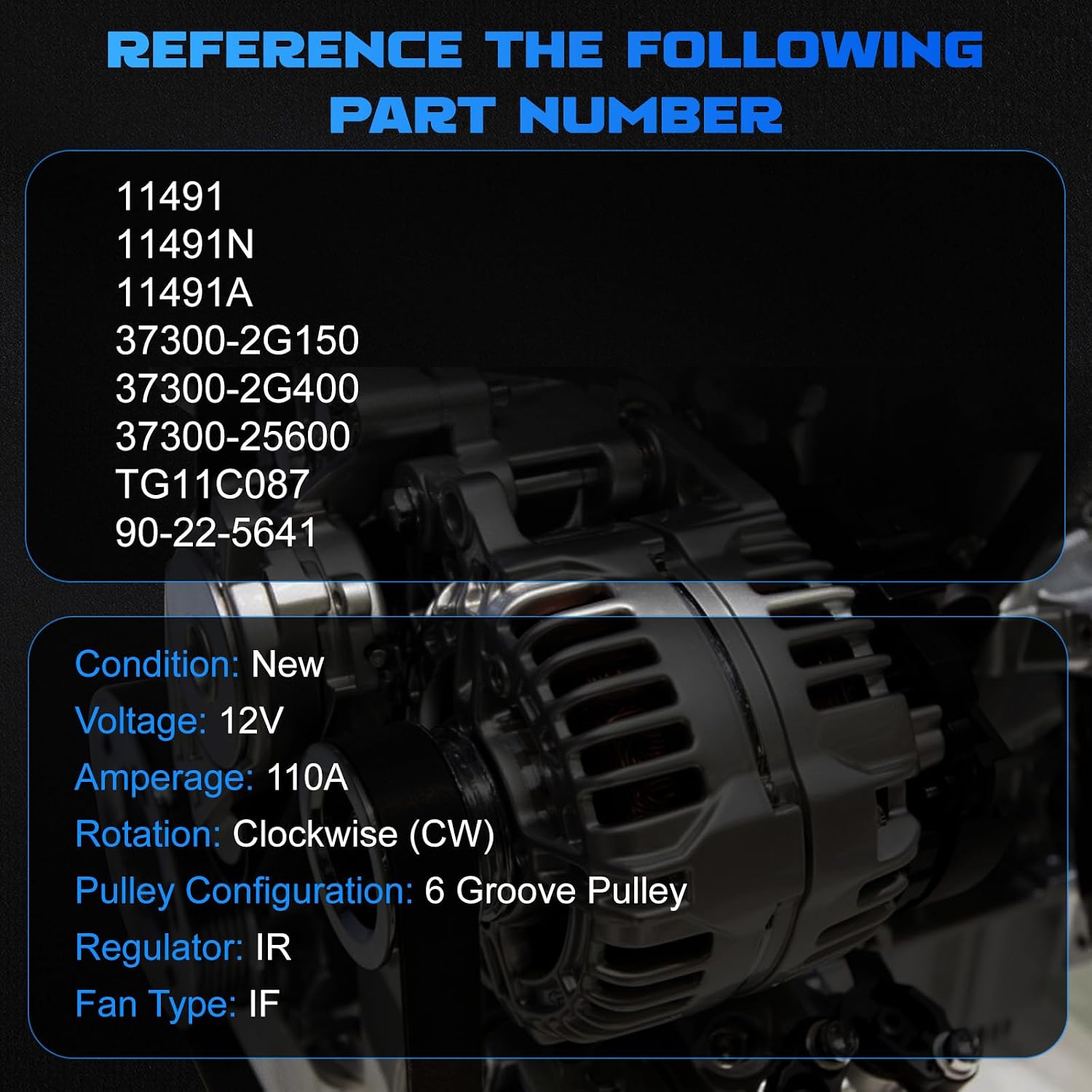 Alternator 11491 for 2010-2013 Sonata 2.4L for 2010-2013 Tucson 2.0L / 2.4L for 2010-2013 Forte 2.0L for 2011-2013 Optima/Sportage 2.4L 110Amp Alternator 11491N 37300-2G150 TG11C087